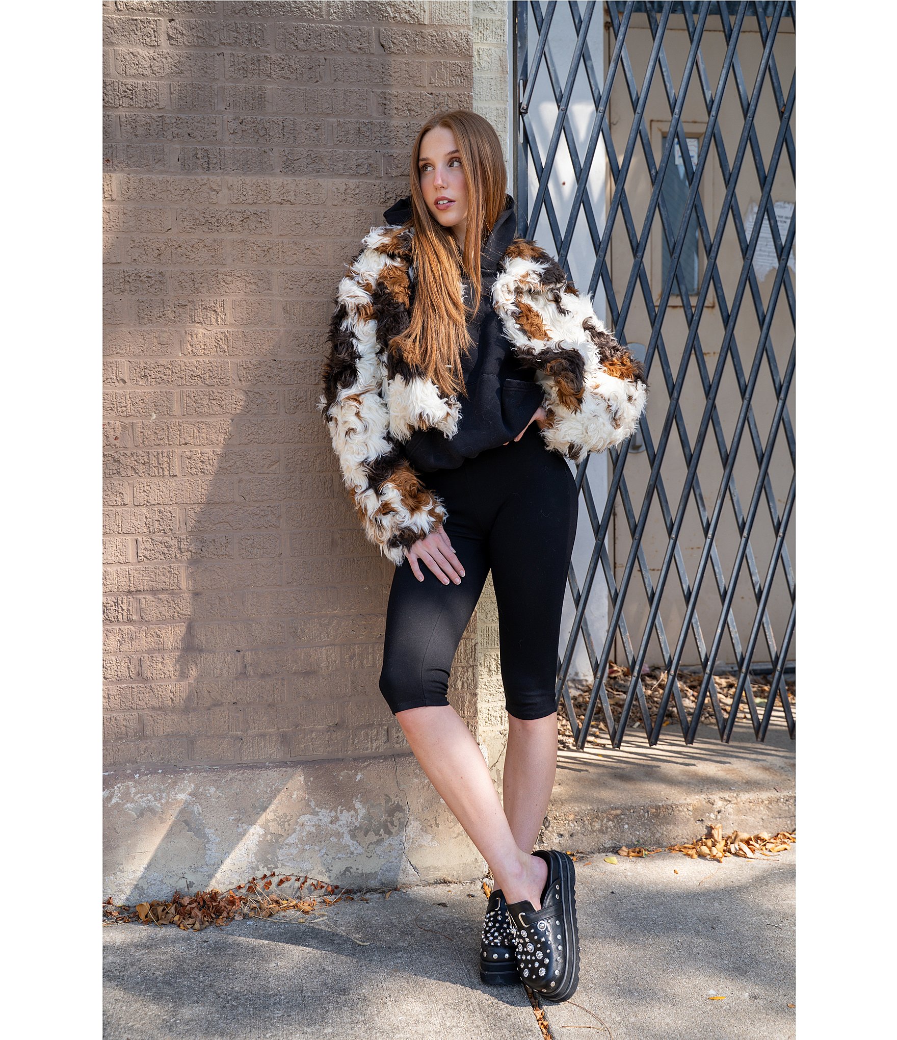 Azalea Wang Enora Cream Abstract Cow Print Sherpa Oversize Neck Zip Front Bomber Jacket