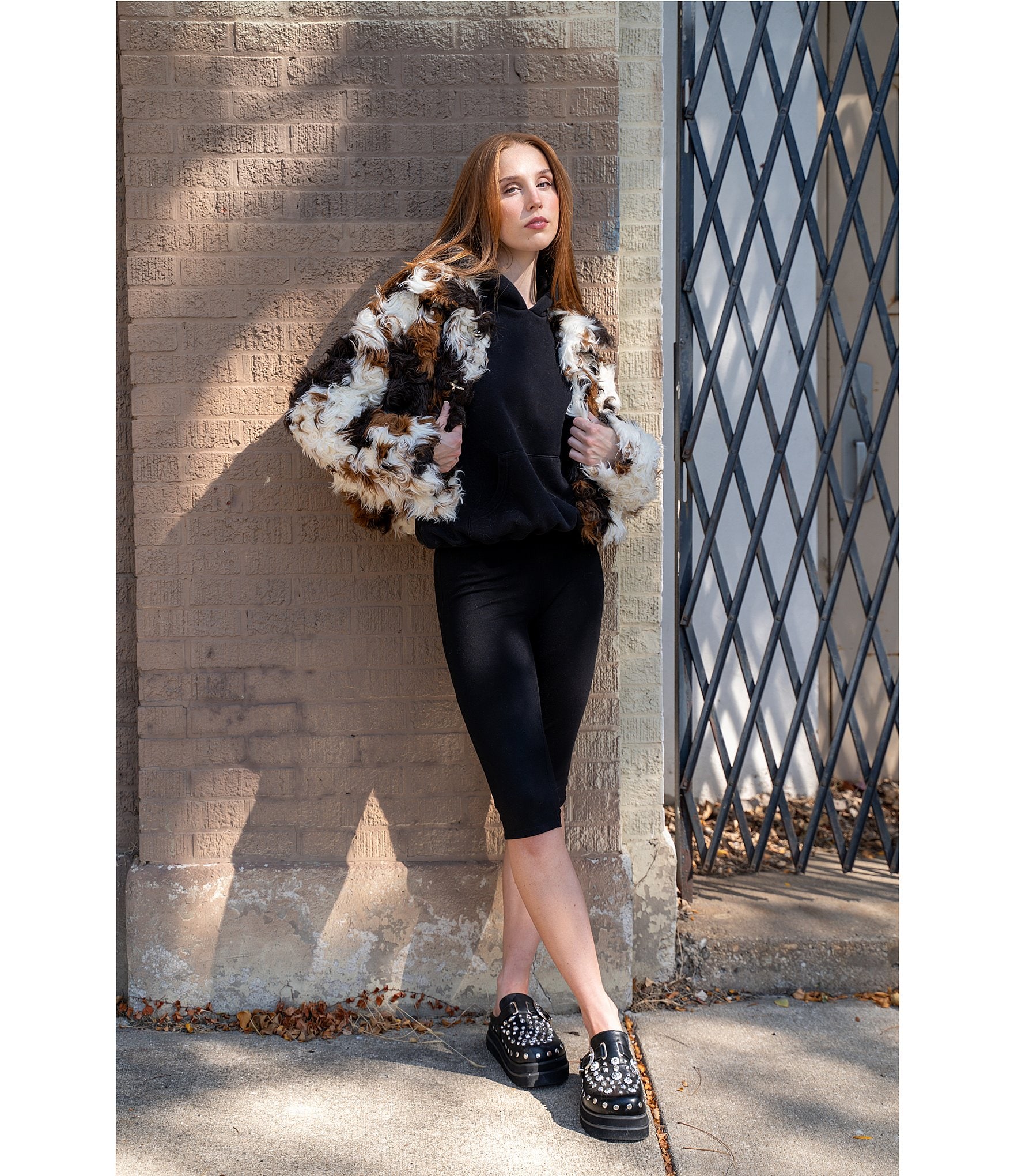 Azalea Wang Enora Cream Abstract Cow Print Sherpa Oversize Neck Zip Front Bomber Jacket