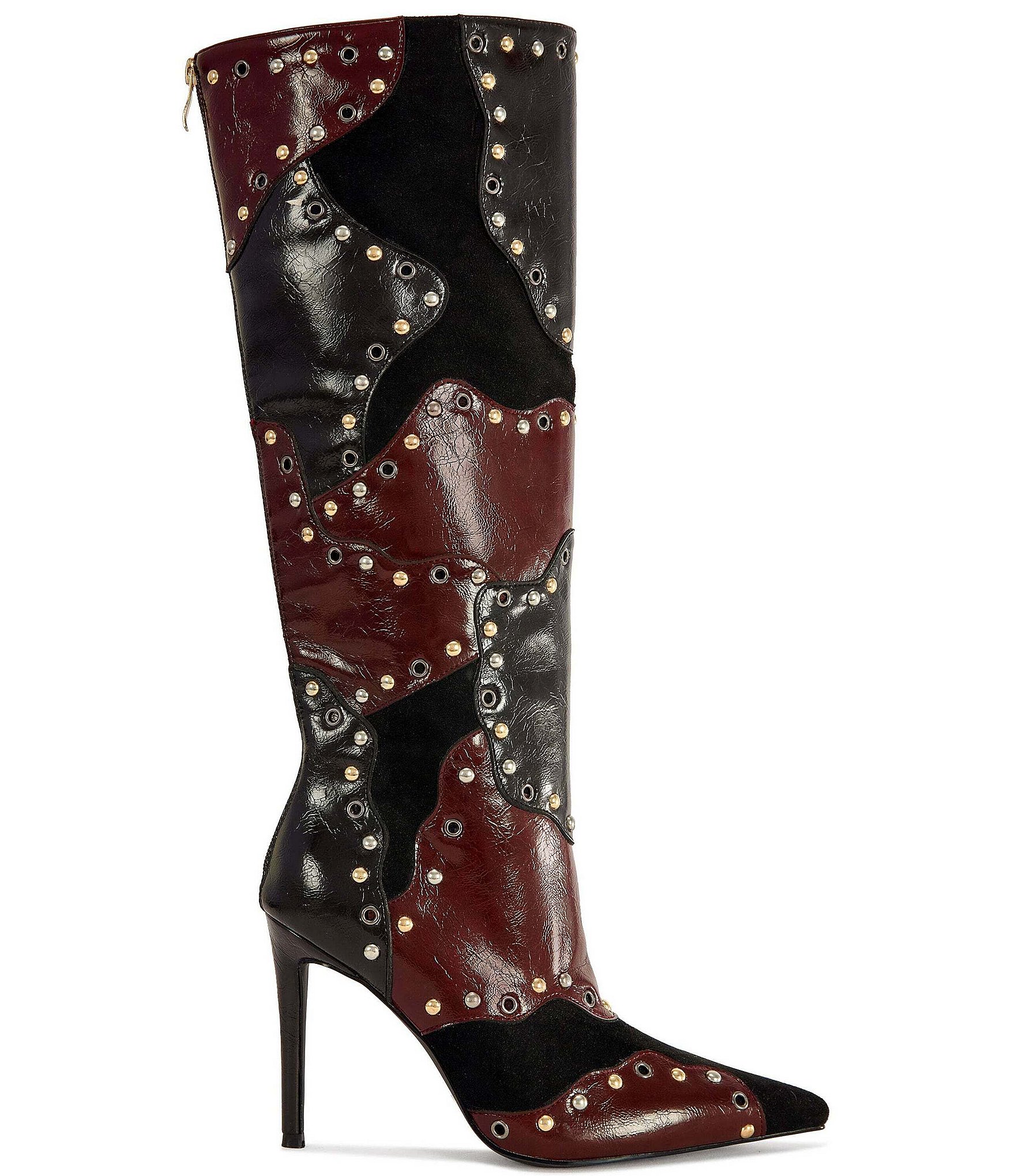 Azalea Wang Enyae Patchwork Grommet Pointed Toe Tall Boots