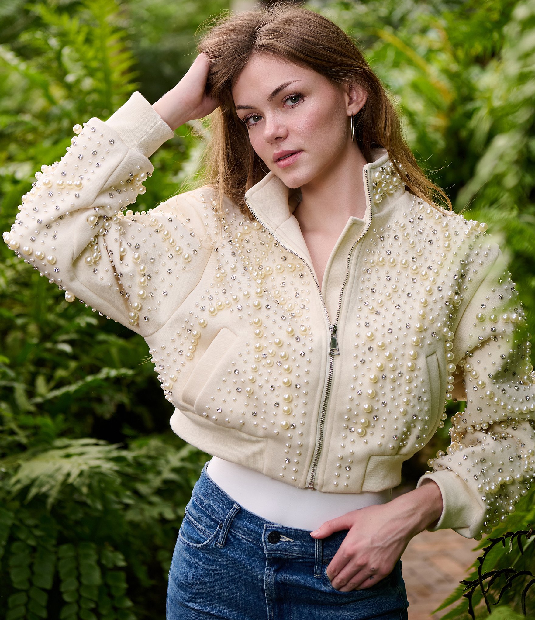 Azalea Wang Ethel Solid Pearl Accent Stand Collar Zip Front Cropped Jacket