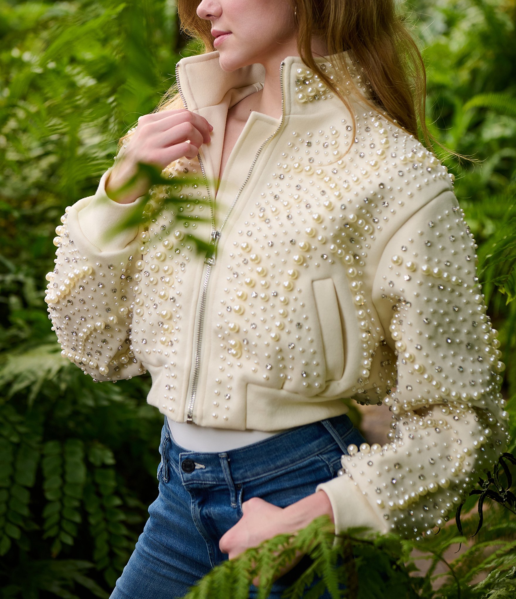 Azalea Wang Ethel Solid Pearl Accent Stand Collar Zip Front Cropped Jacket