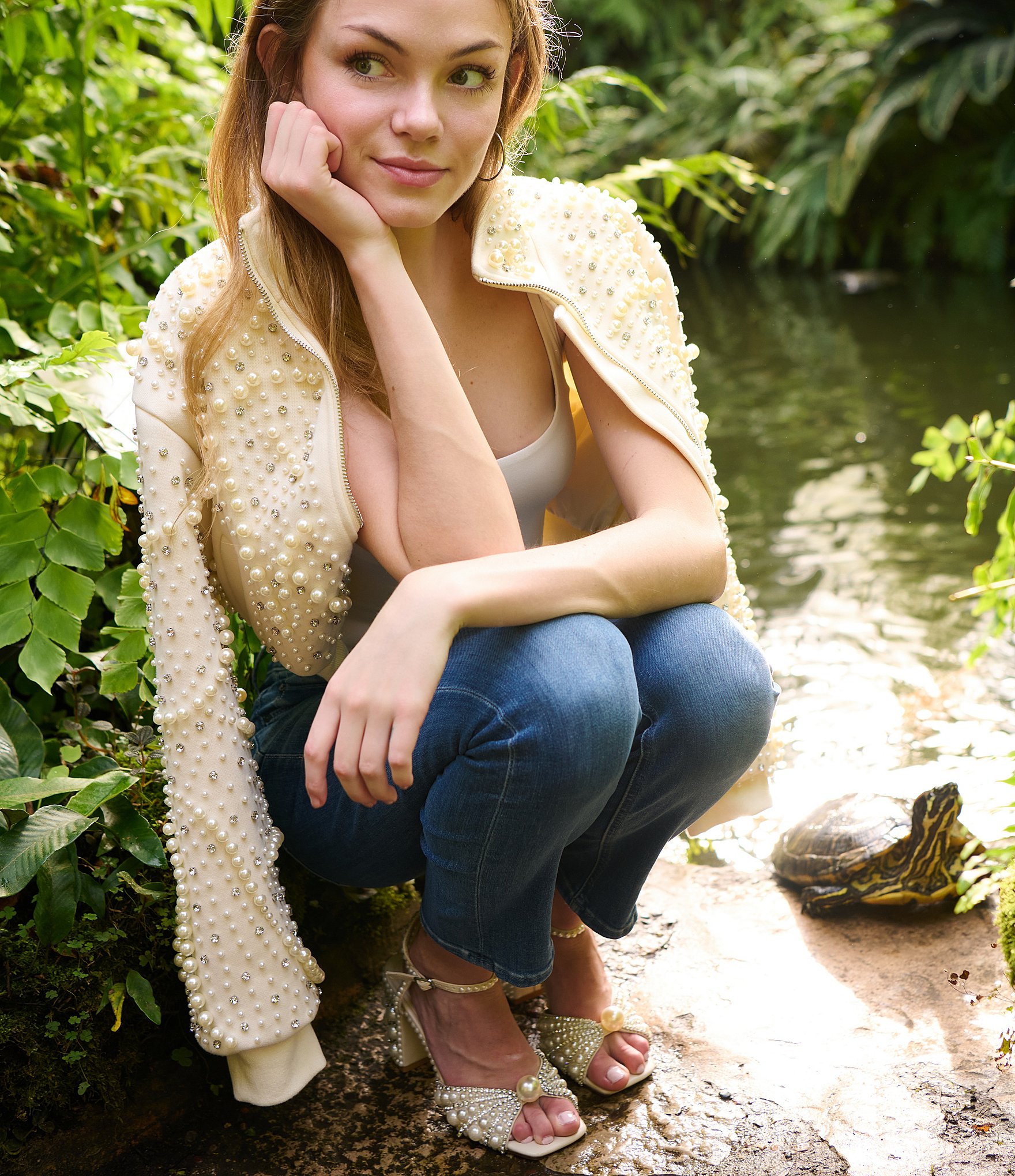 Azalea Wang Ethel Solid Pearl Accent Stand Collar Zip Front Cropped Jacket