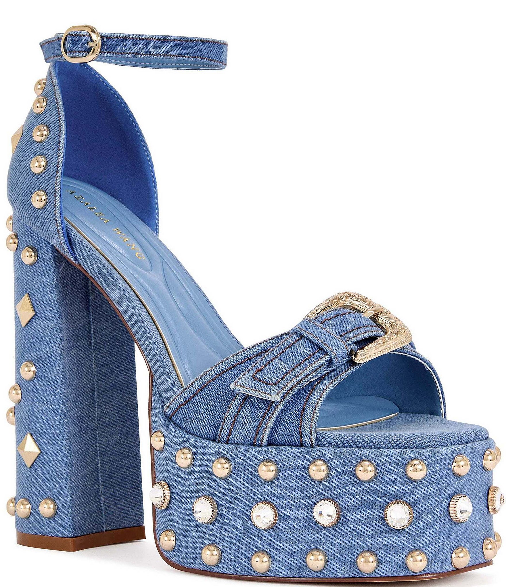 Azalea Wang Evgenia Studded Denim Platform Block Heel Sandals