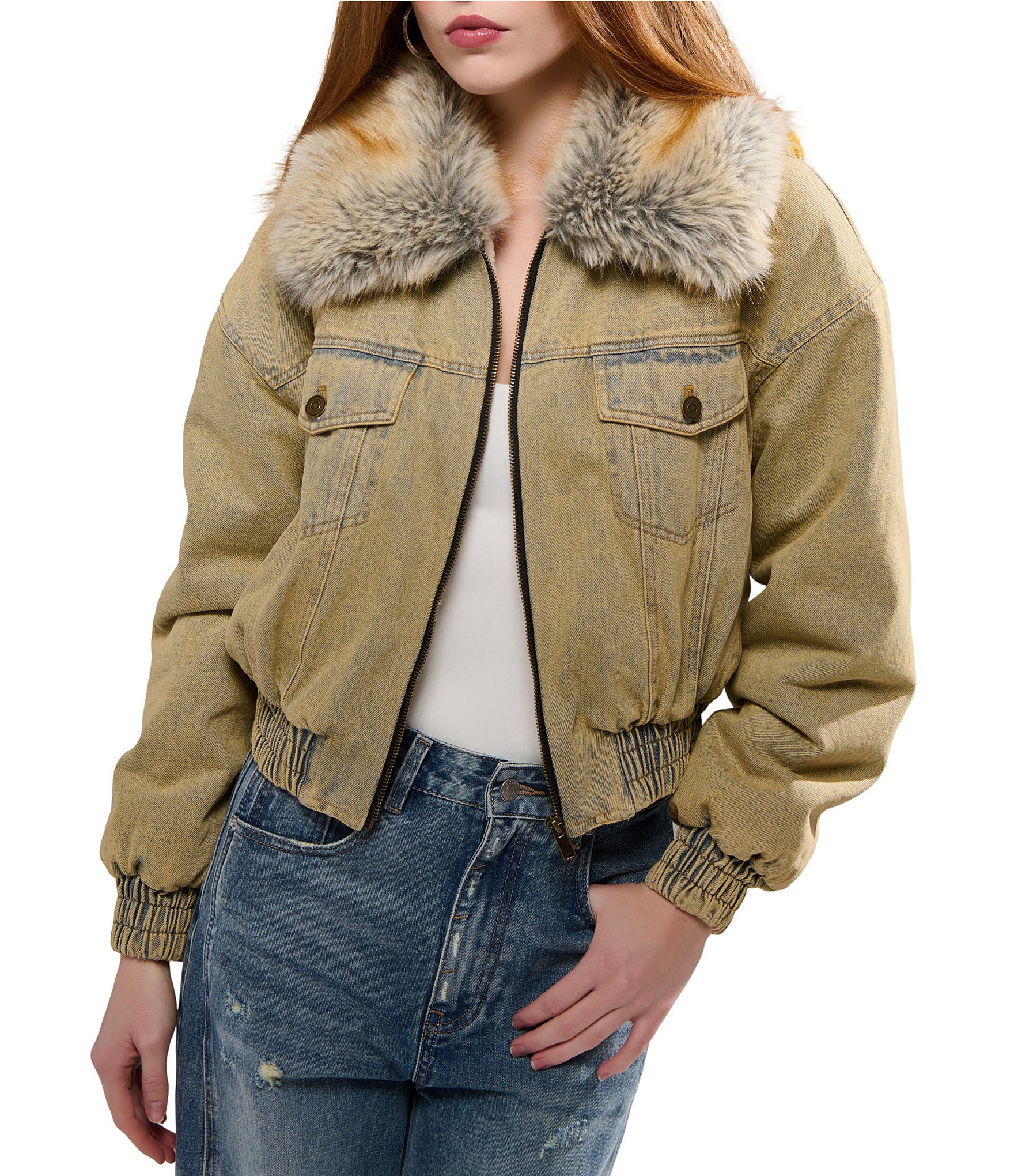 Azalea Wang Evra Denim Faux Fur Oversize Collar Zip Front Bomber Jacket