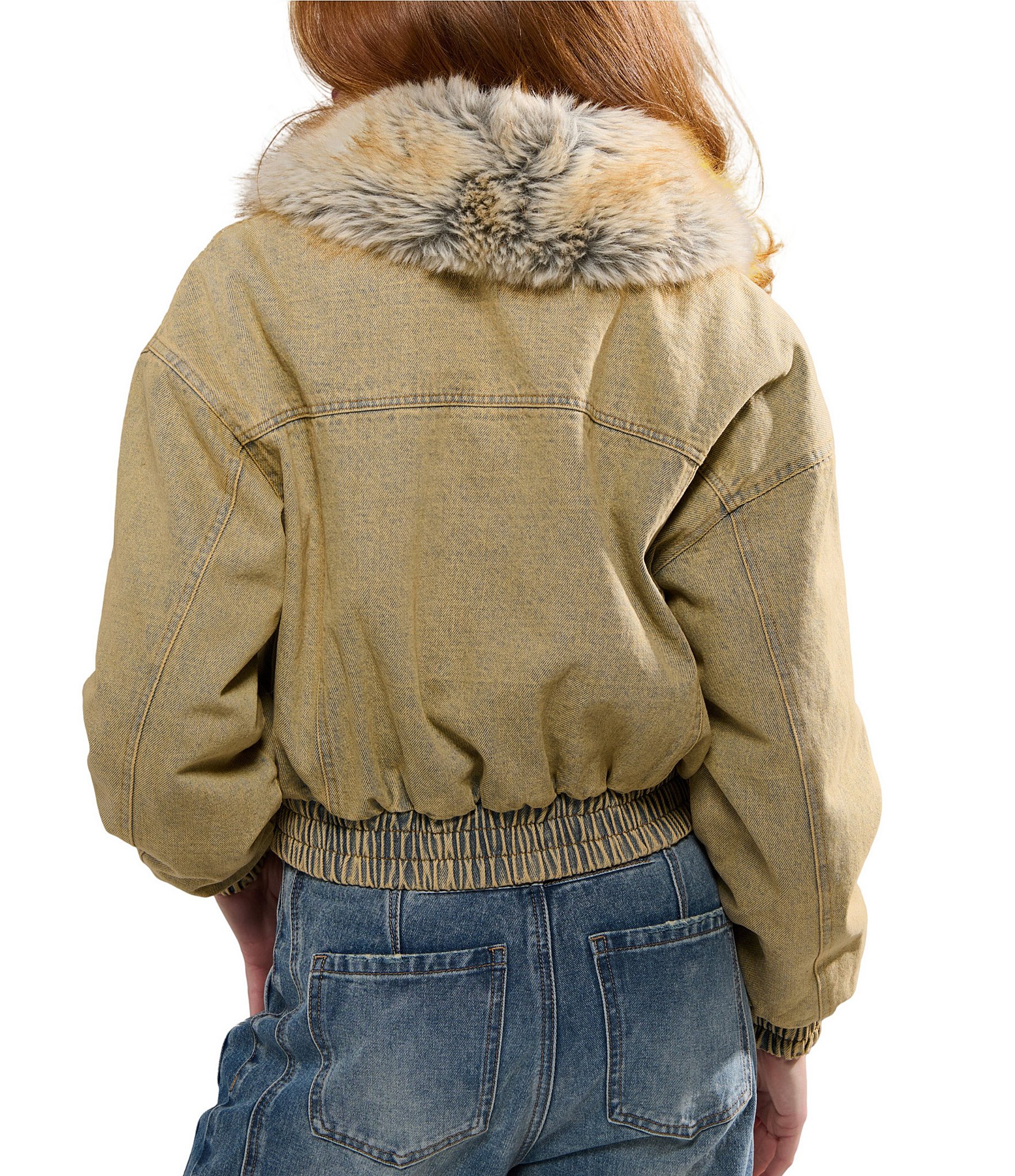 Azalea Wang Evra Denim Faux Fur Oversize Collar Zip Front Bomber Jacket
