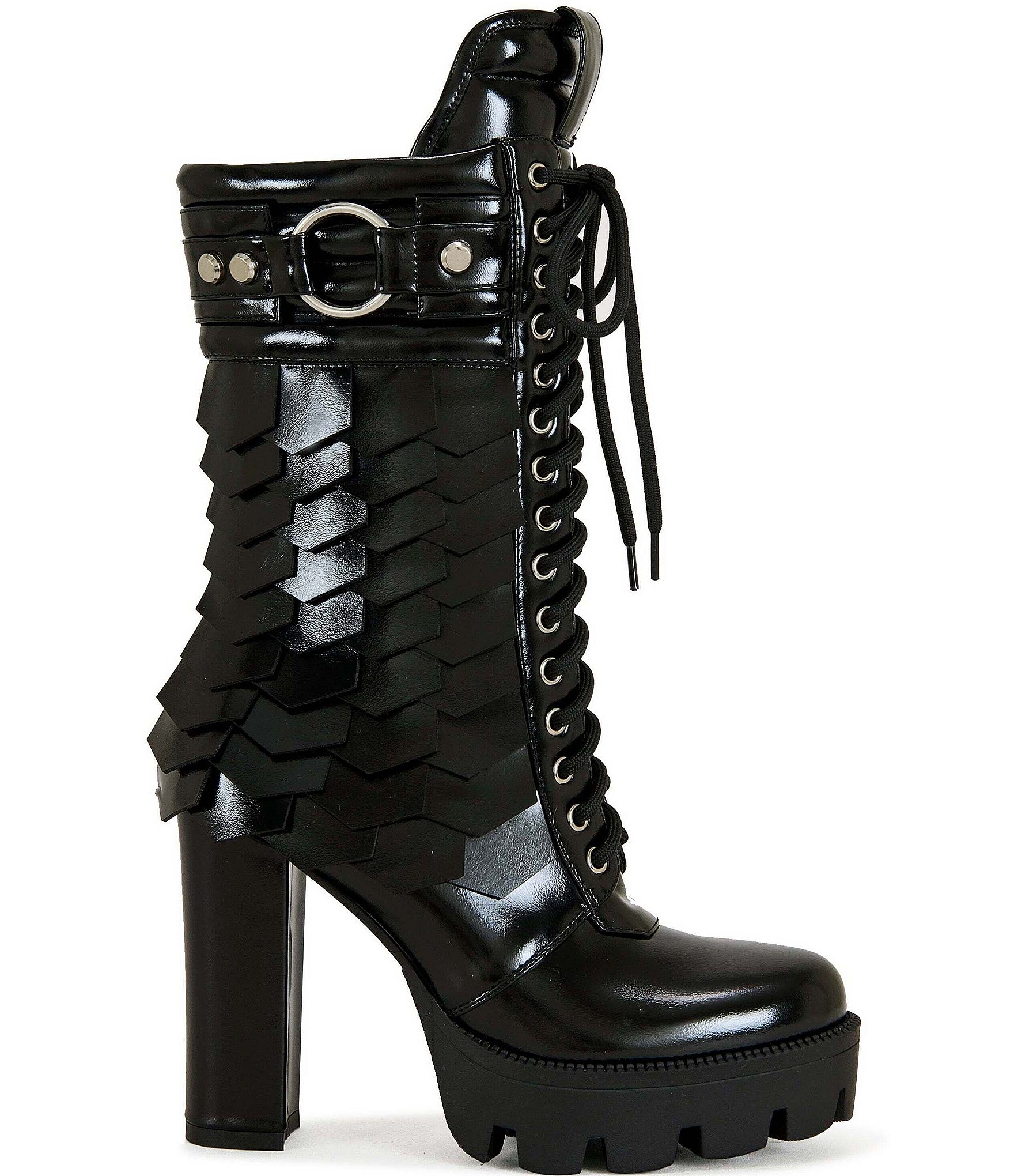Azalea Wang Gernot Scaled Lace Up Platform Block Heel Mid Calf Boots