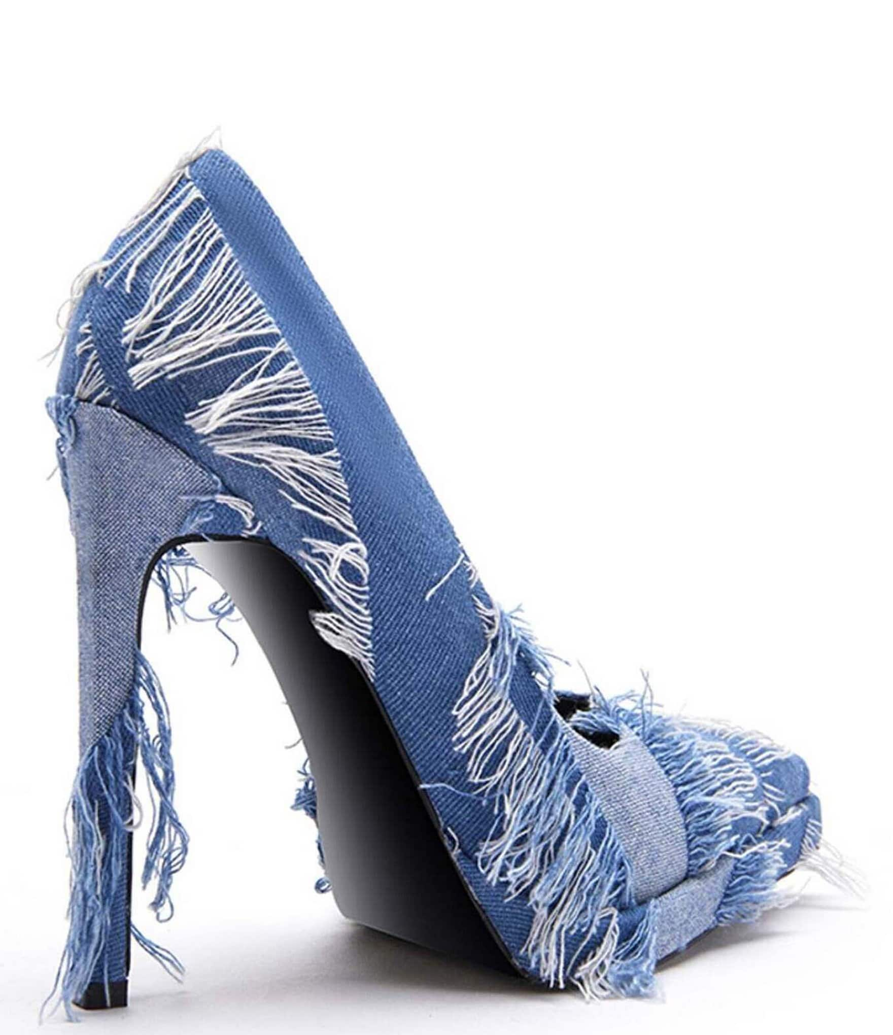 Azalea Wang Giada Frayed Two-Toned Denim Platform Pumps