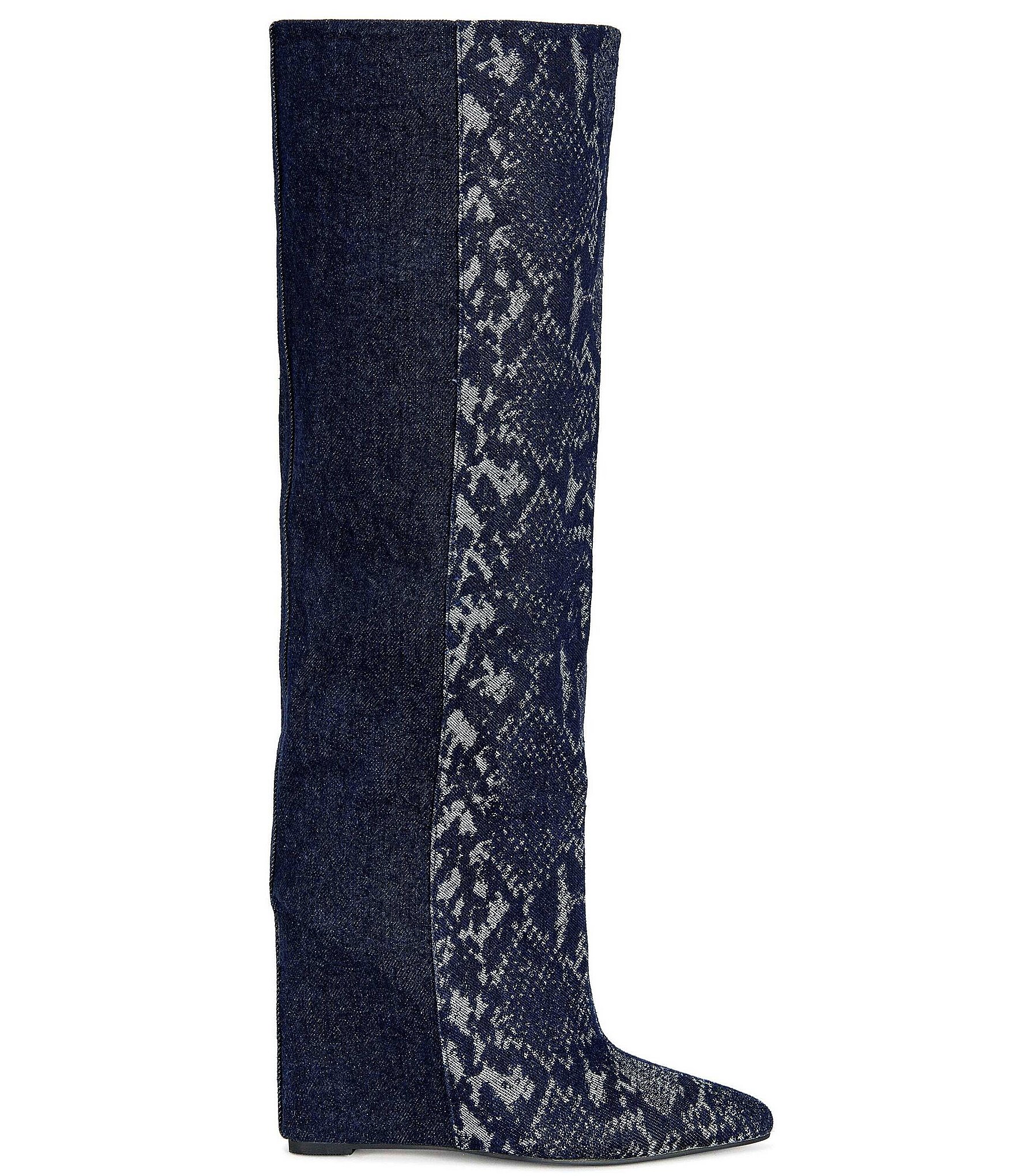 Azalea Wang Gianna Snake Print Denim Pointed Toe Wedge Tall Boots