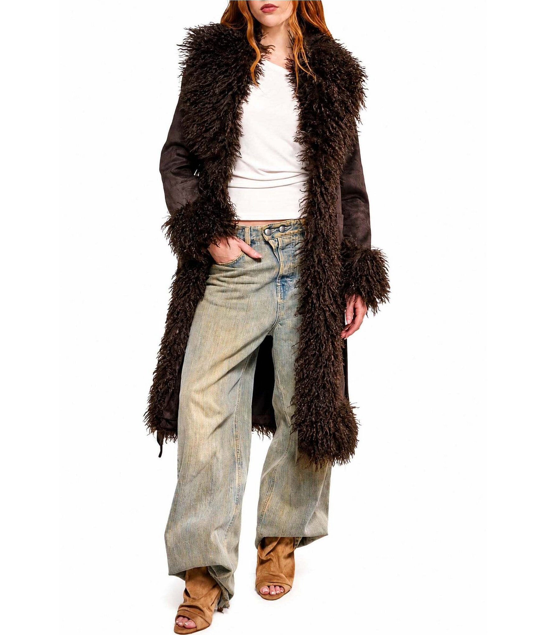 Azalea Wang Gilda Faux Sherpa Collared Belted Oversize Trench Coat