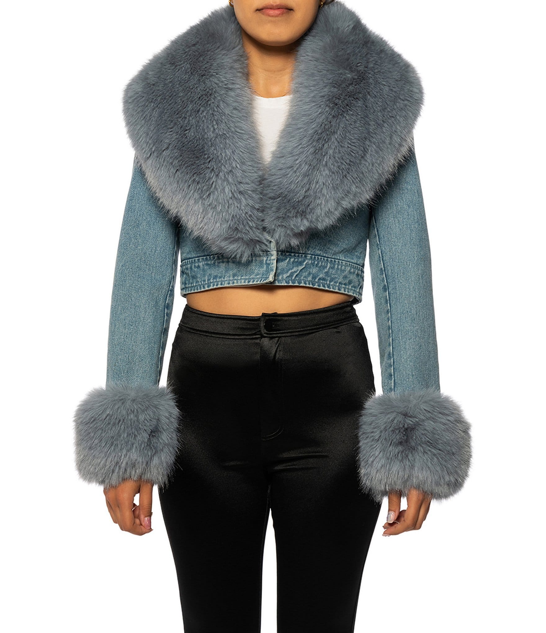 Azalea Wang Gisele Denim Faux Fur Collared Statement Cropped Jacket