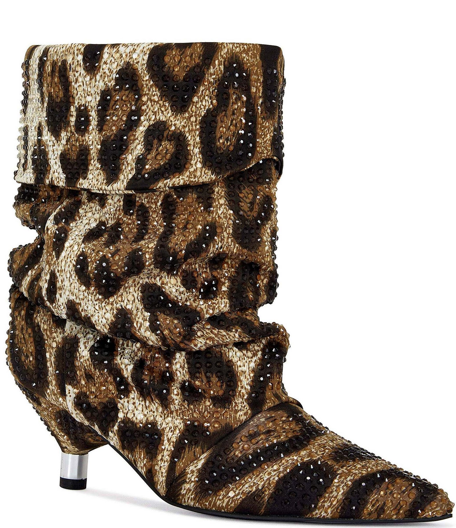 Azalea Wang Grimes Leopard Print Rhinestone Point Toe Slouch Kitten Heel Boots