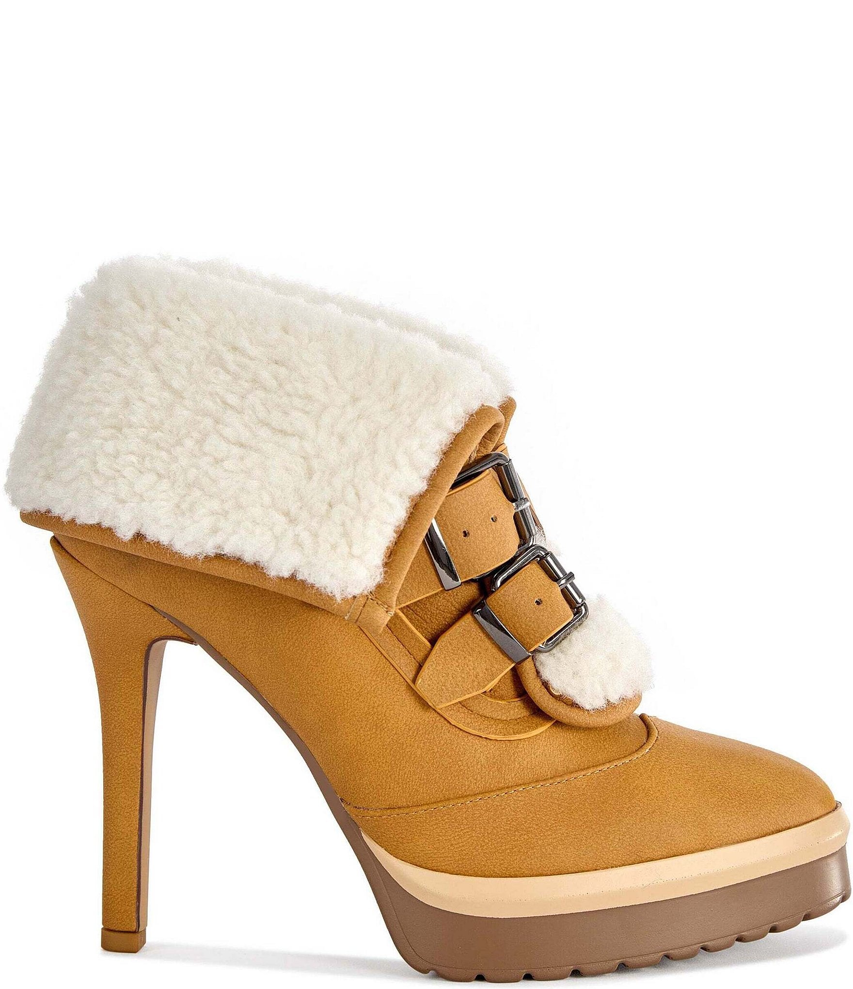 Azalea Wang Gust Faux Shearling Fold Over Cuff Platform Ankle Booties