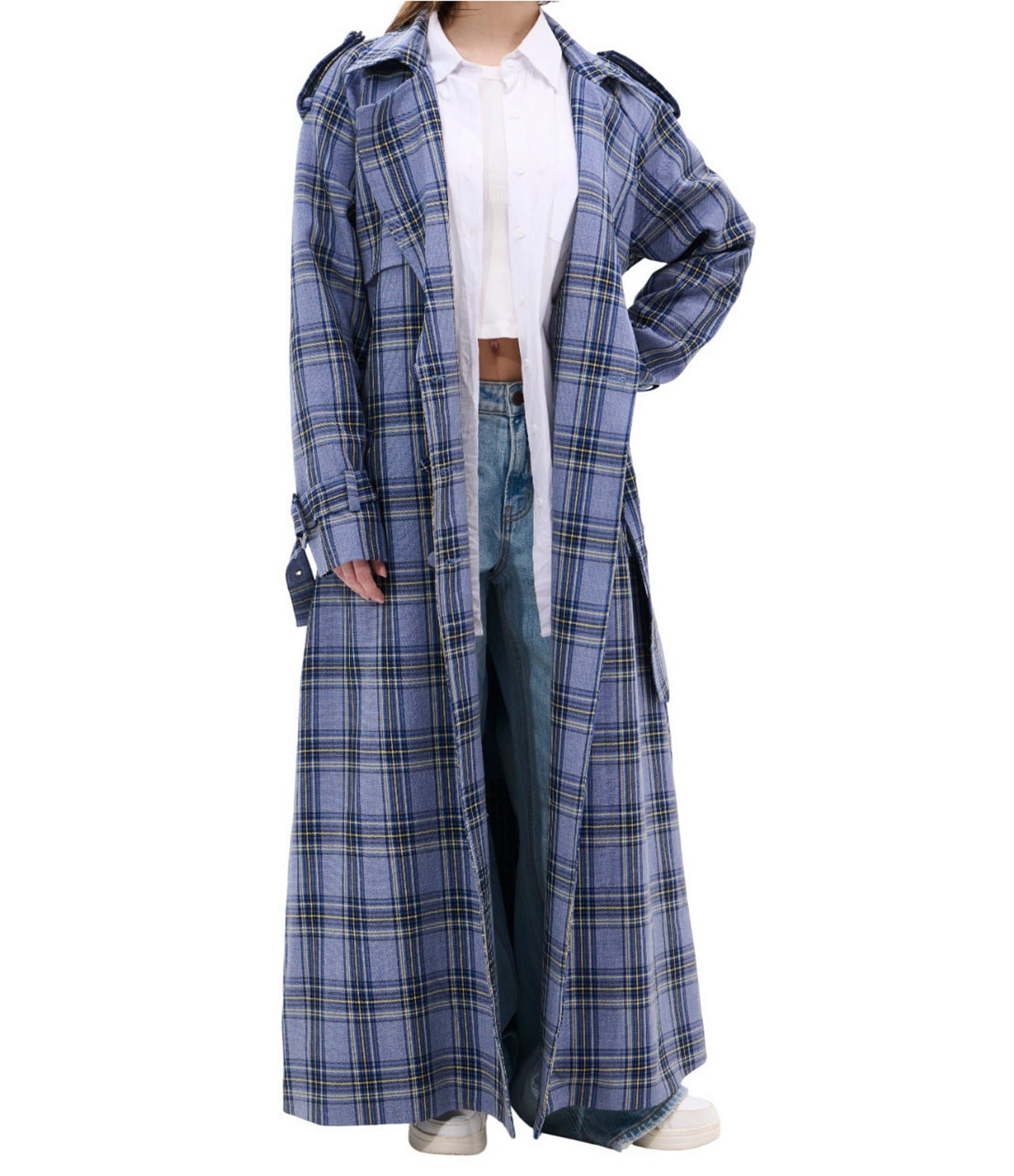 Azalea Wang Hobbs Plaid Pattern Notch Collar Belted Button Front Trench Jacket
