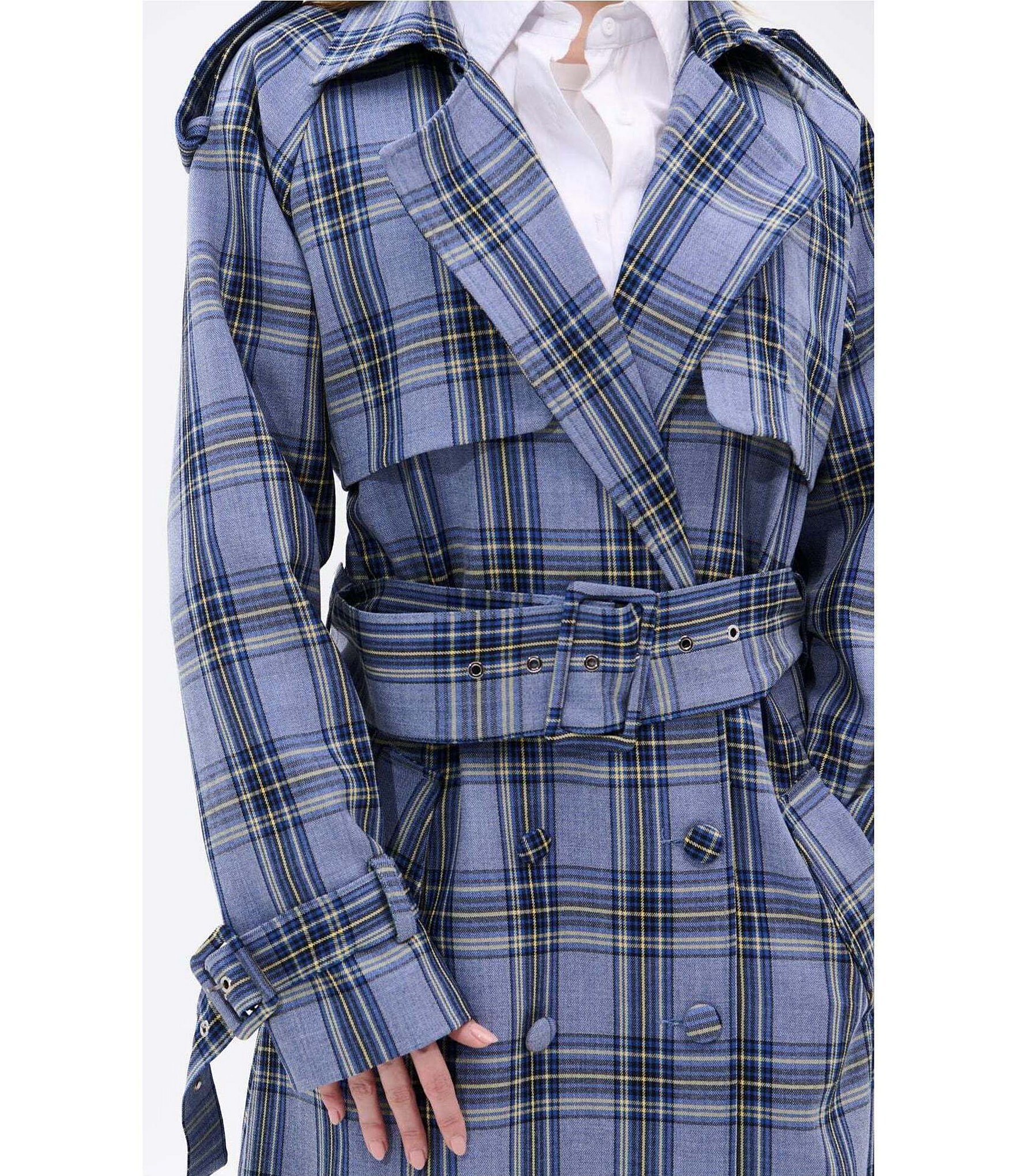 Azalea Wang Hobbs Plaid Pattern Notch Collar Belted Button Front Trench Jacket