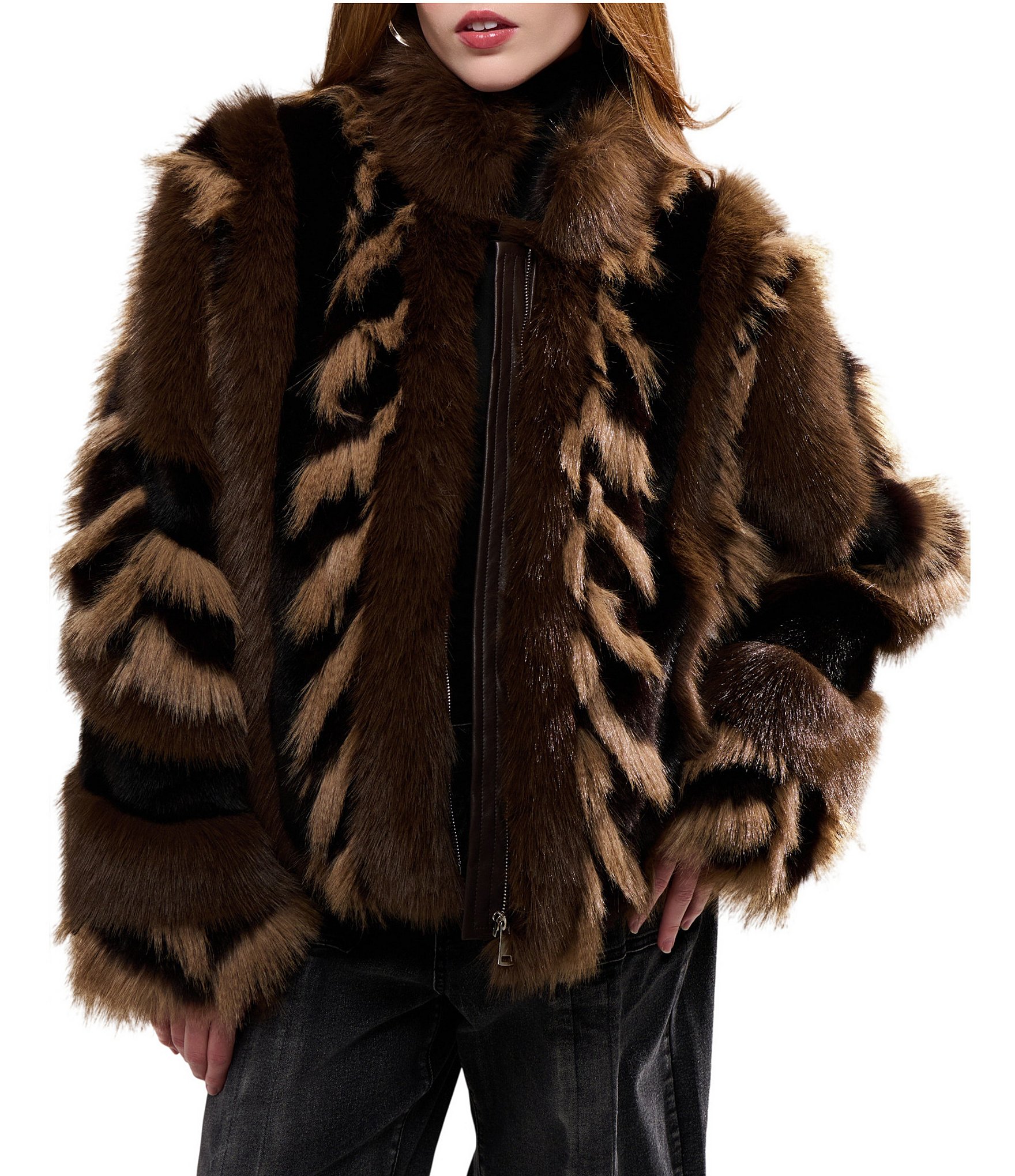 Azalea Wang Inez Stand Collar Faux Fur Zip Front Jacket