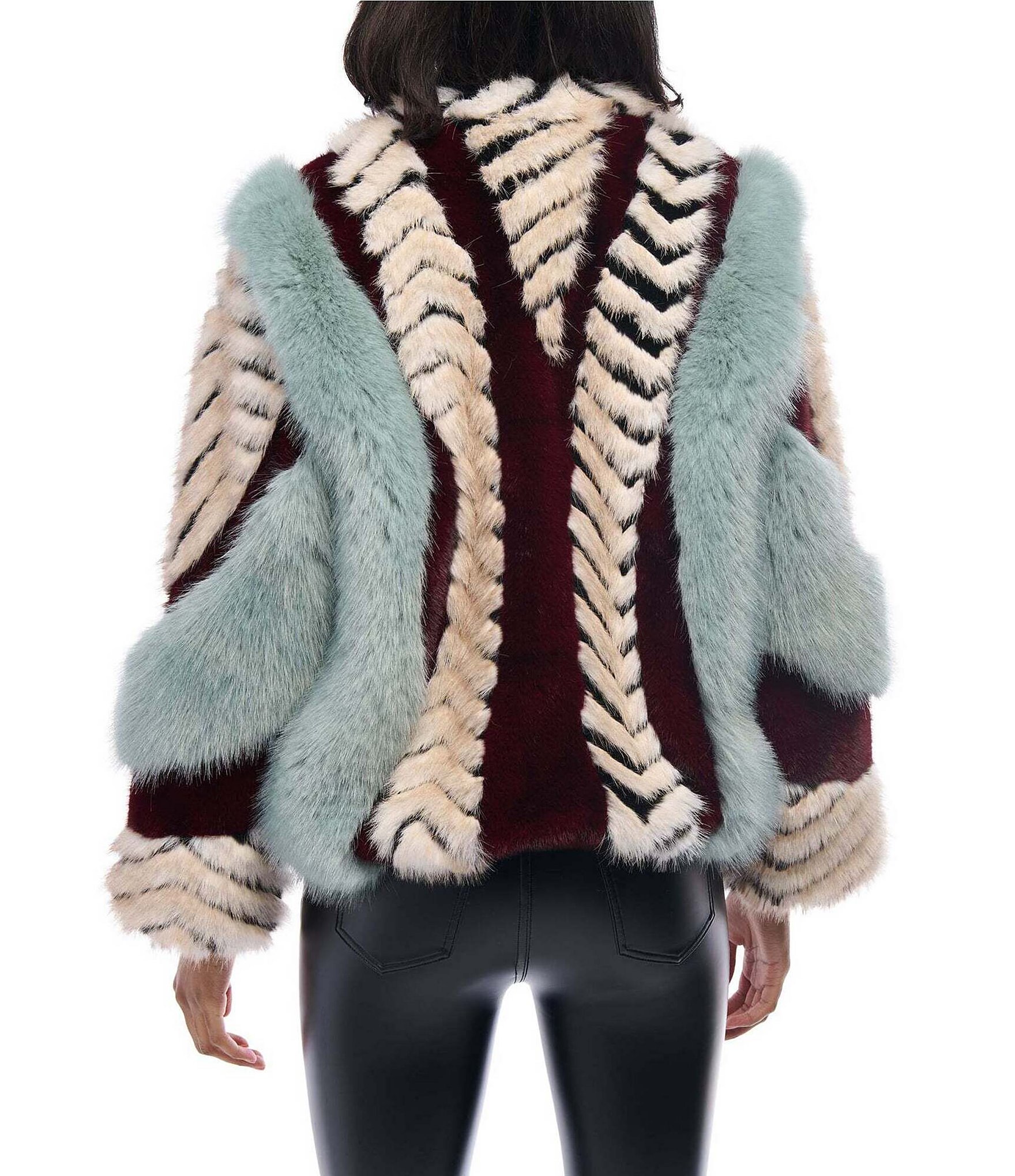 Azalea Wang Inez Faux Fur Animal Stripe Stand Collar Zip Front Jacket