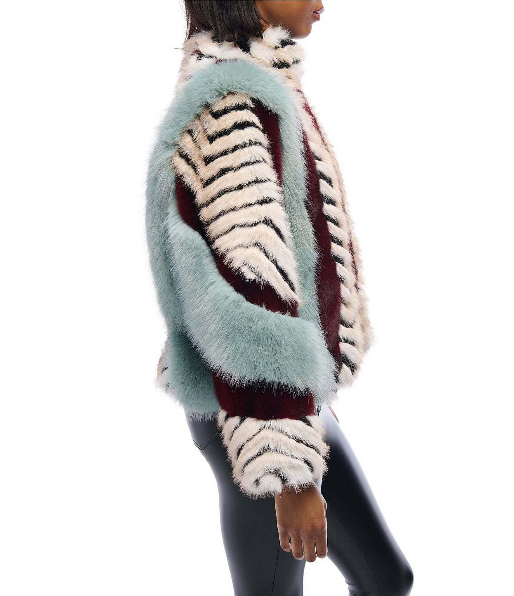 Azalea Wang Inez Faux Fur Animal Stripe Stand Collar Zip Front Jacket
