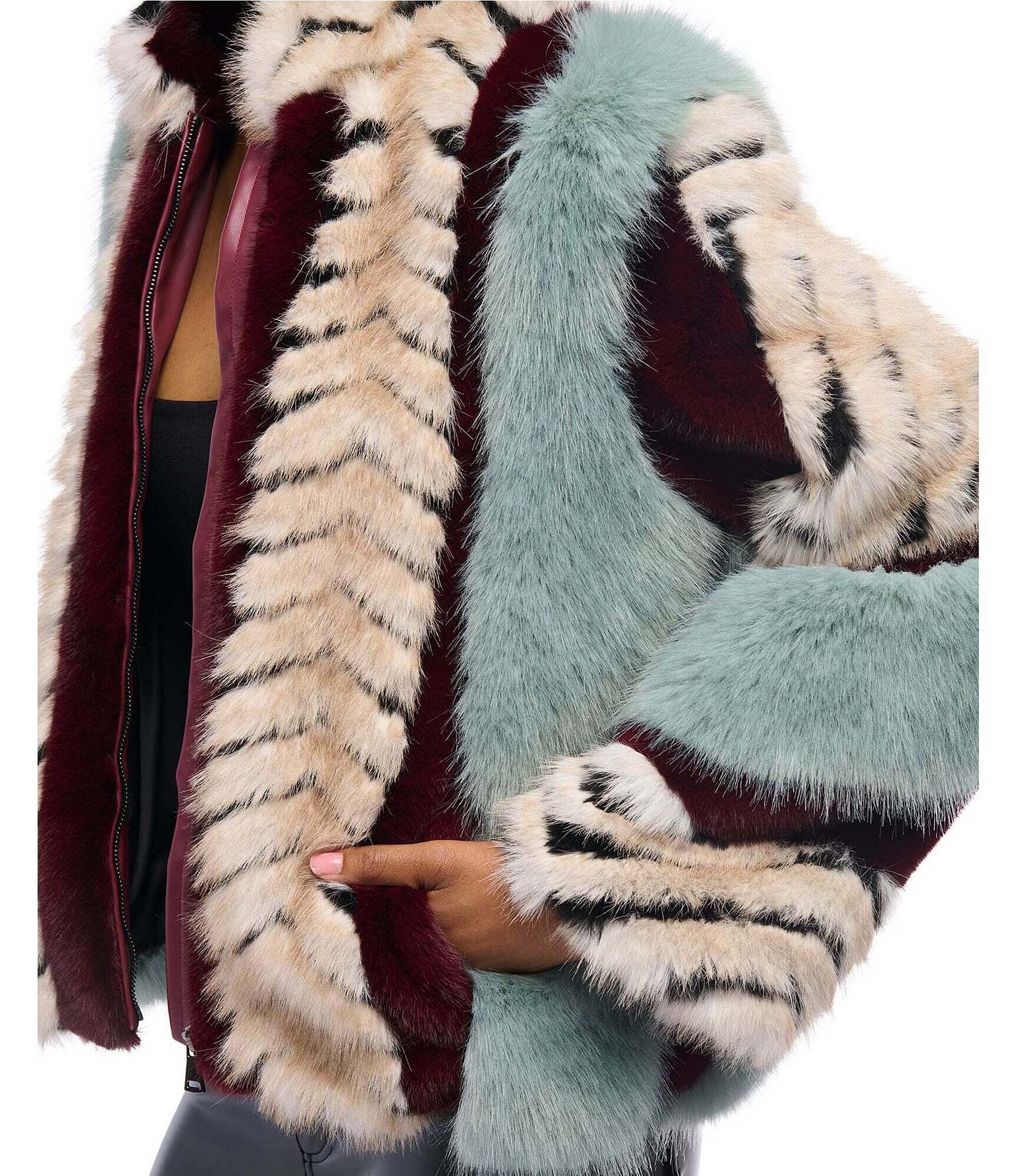 Azalea Wang Inez Faux Fur Animal Stripe Stand Collar Zip Front Jacket