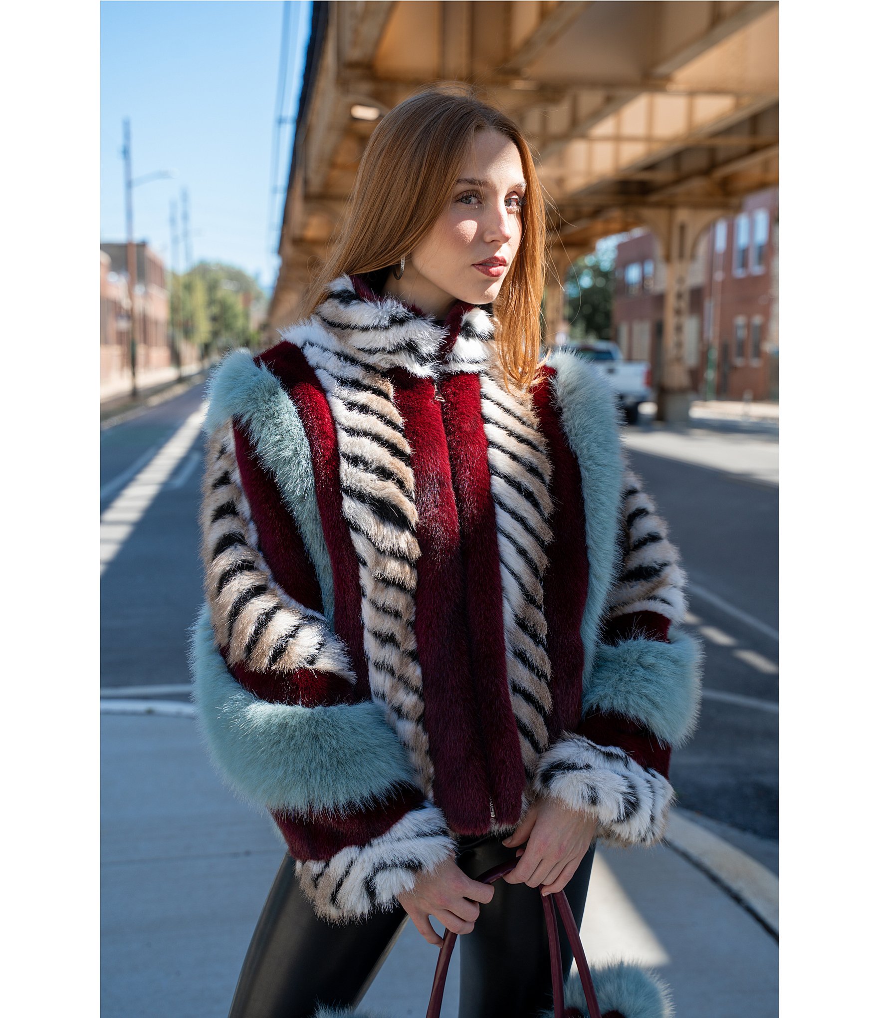 Azalea Wang Inez Faux Fur Animal Stripe Stand Collar Zip Front Jacket