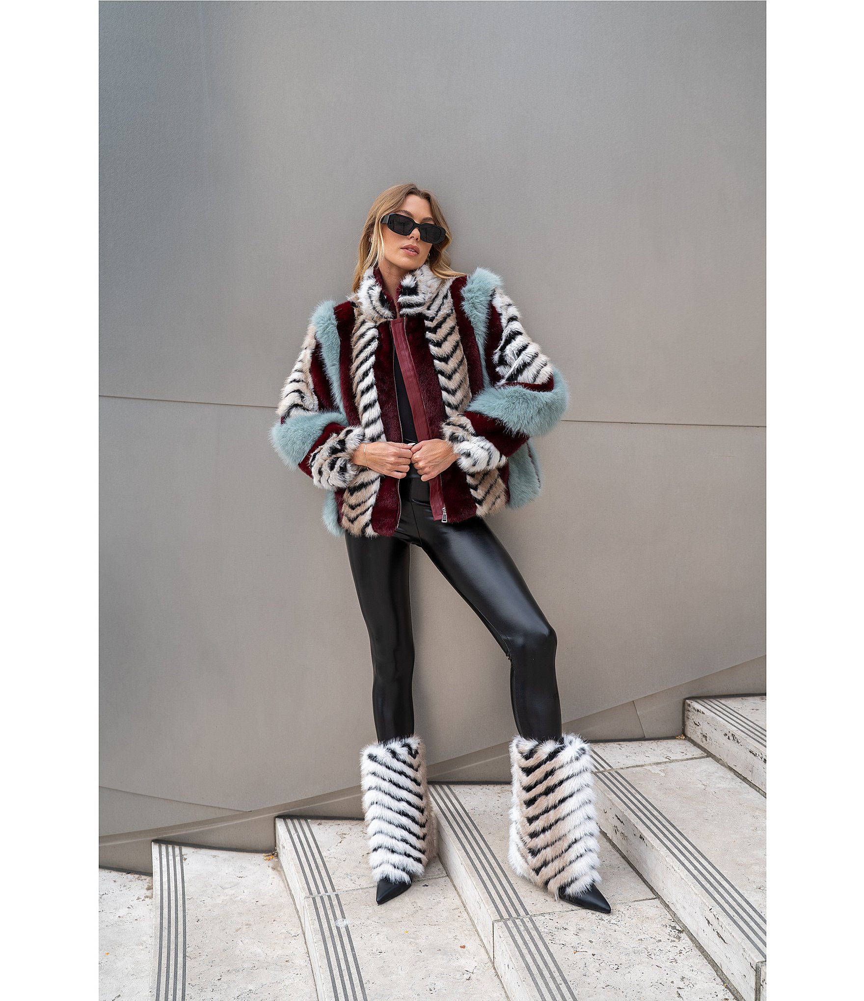Azalea Wang Inez Faux Fur Animal Stripe Stand Collar Zip Front Jacket