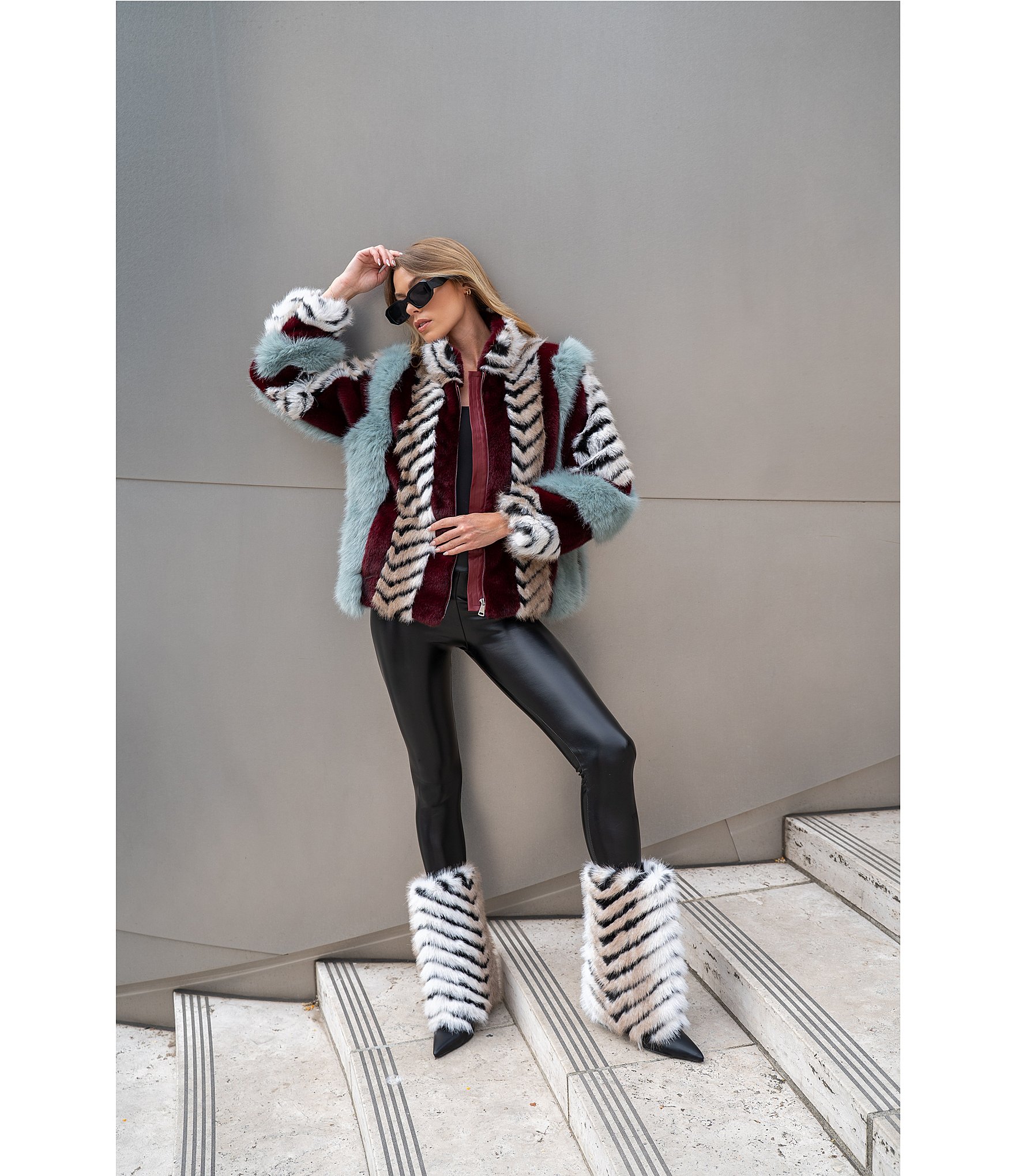 Azalea Wang Inez Faux Fur Animal Stripe Stand Collar Zip Front Jacket