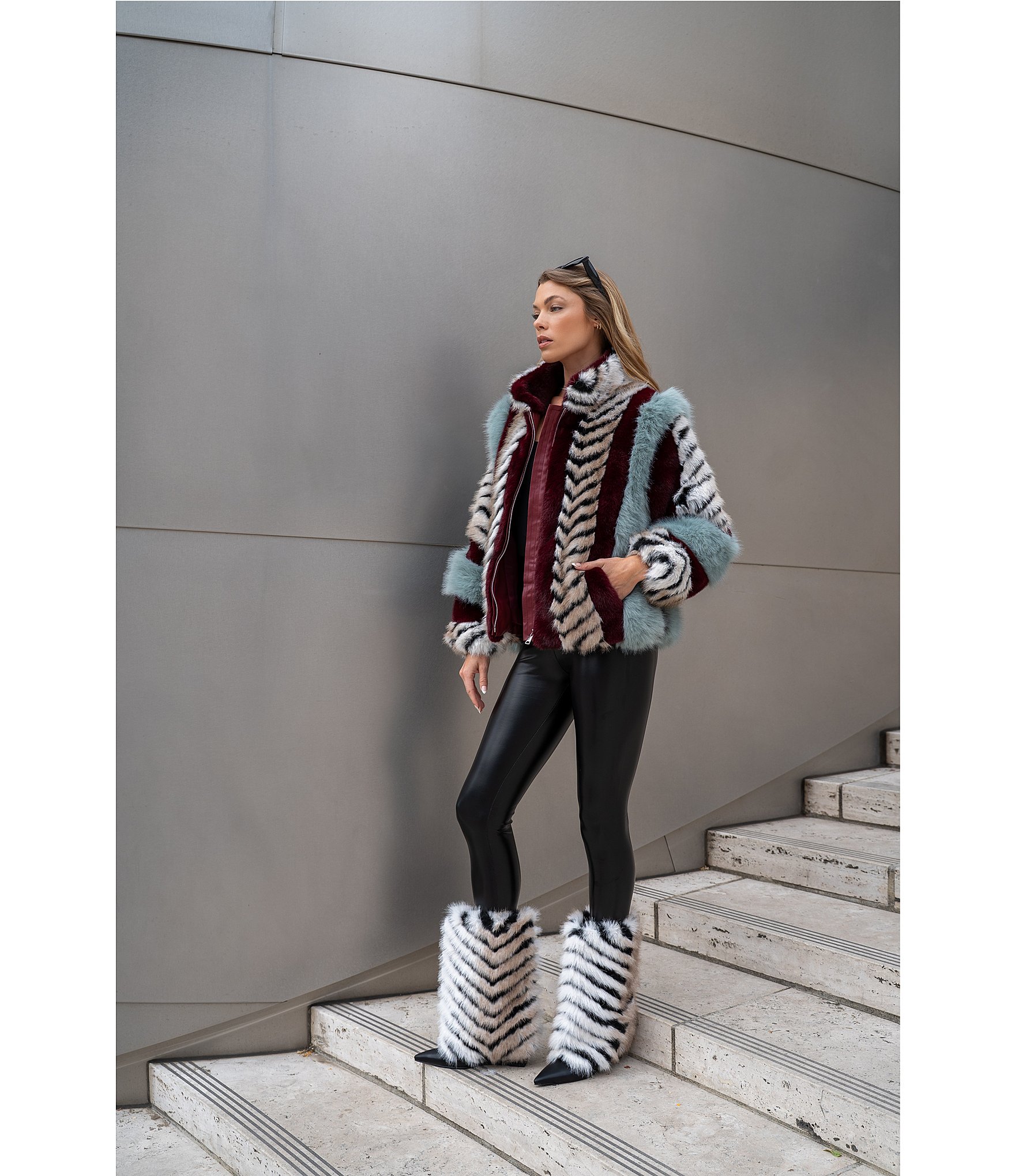 Azalea Wang Inez Faux Fur Animal Stripe Stand Collar Zip Front Jacket