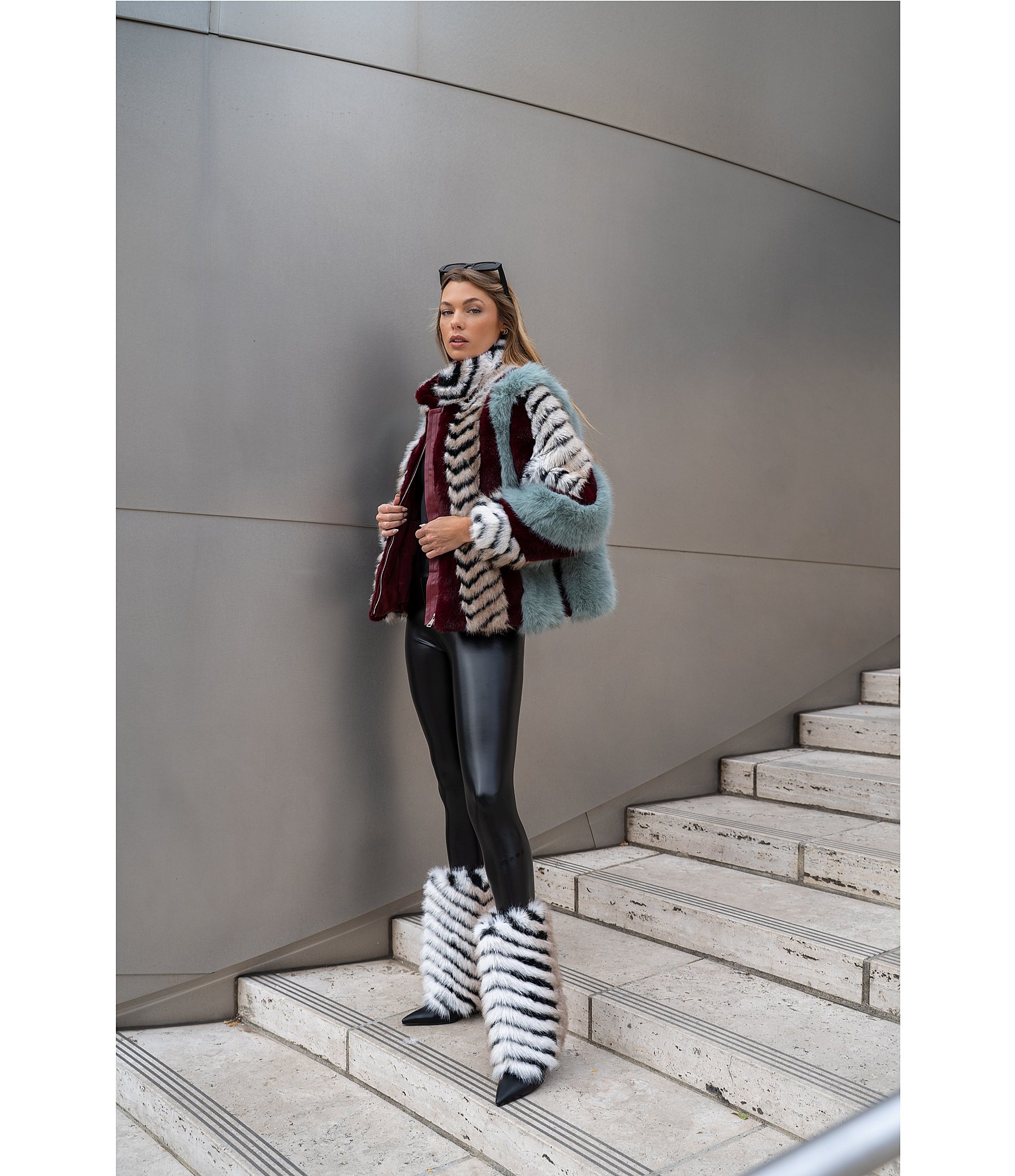 Azalea Wang Inez Faux Fur Animal Stripe Stand Collar Zip Front Jacket