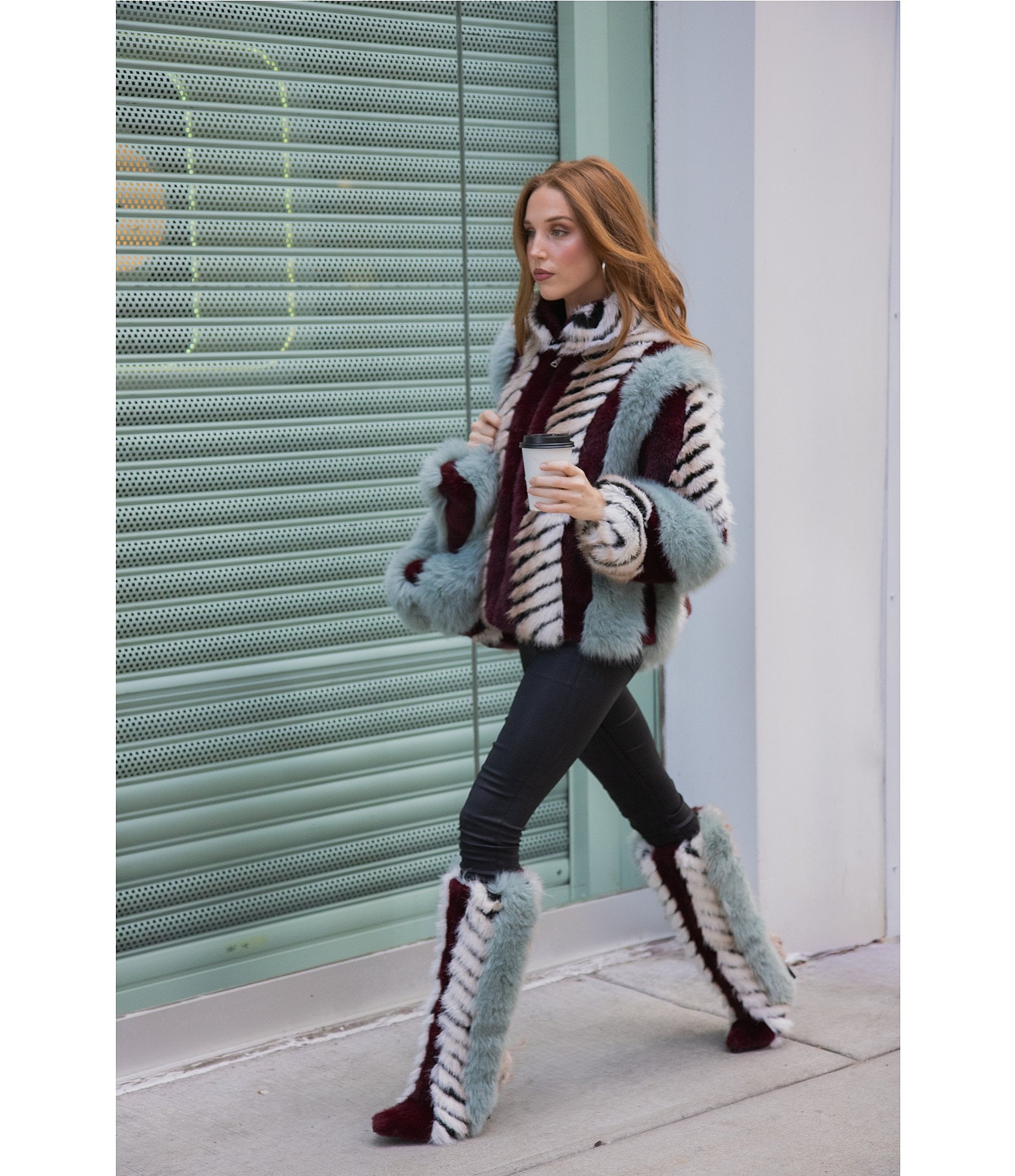 Azalea Wang Inez Faux Fur Animal Stripe Stand Collar Zip Front Jacket