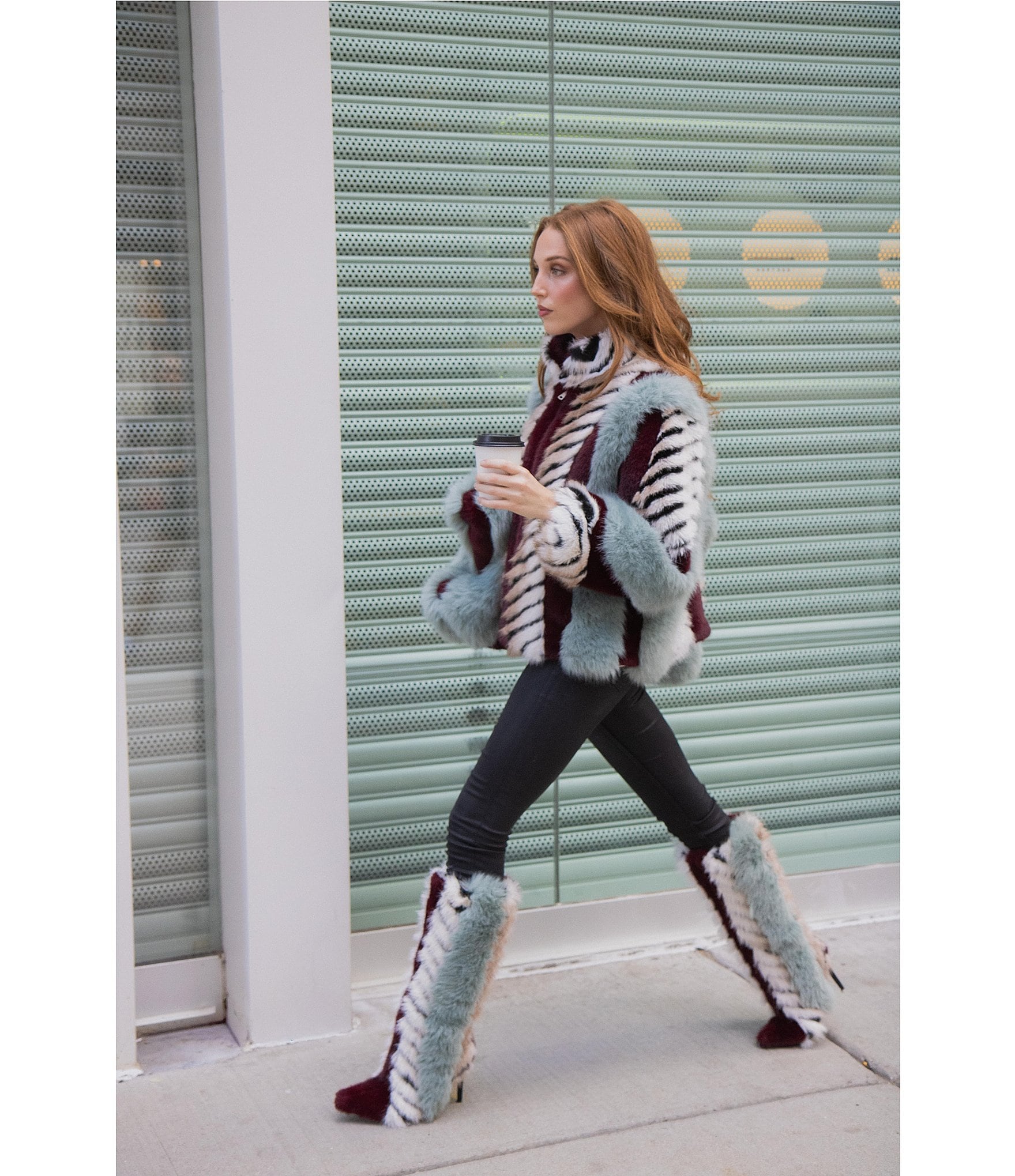 Azalea Wang Inez Faux Fur Animal Stripe Stand Collar Zip Front Jacket