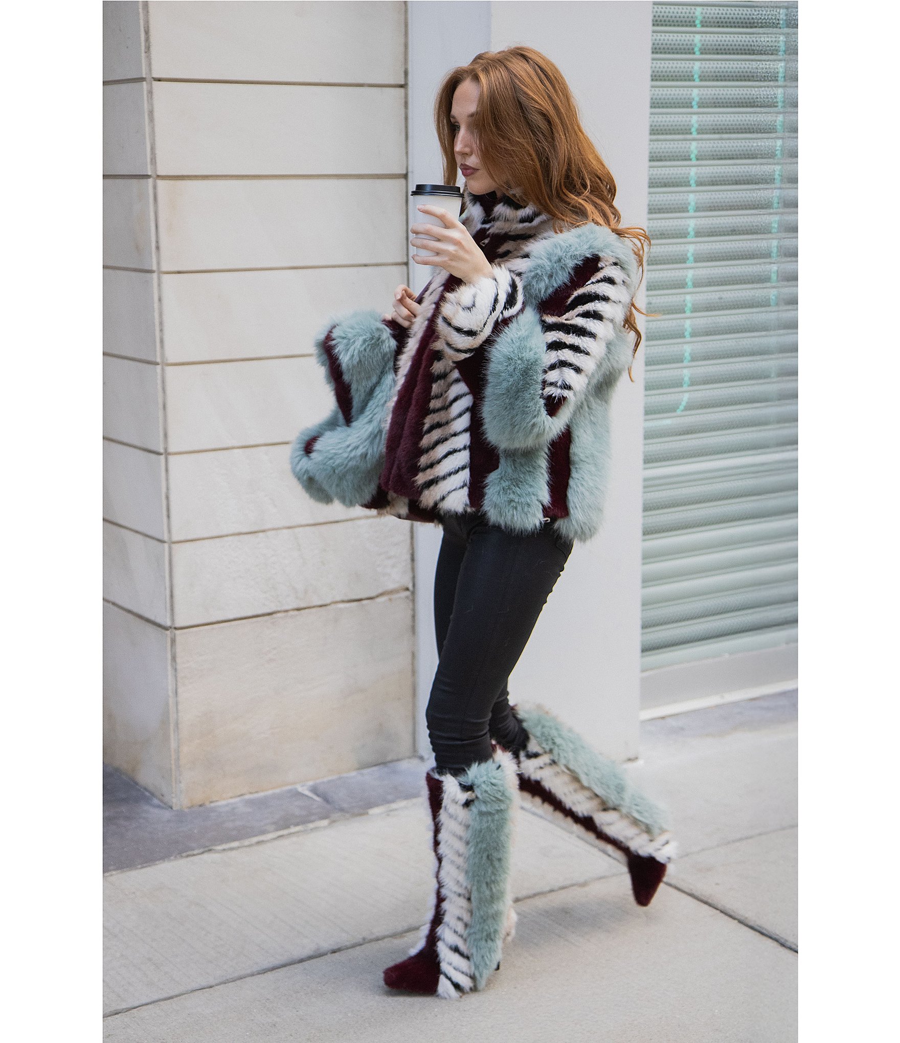 Azalea Wang Inez Faux Fur Animal Stripe Stand Collar Zip Front Jacket