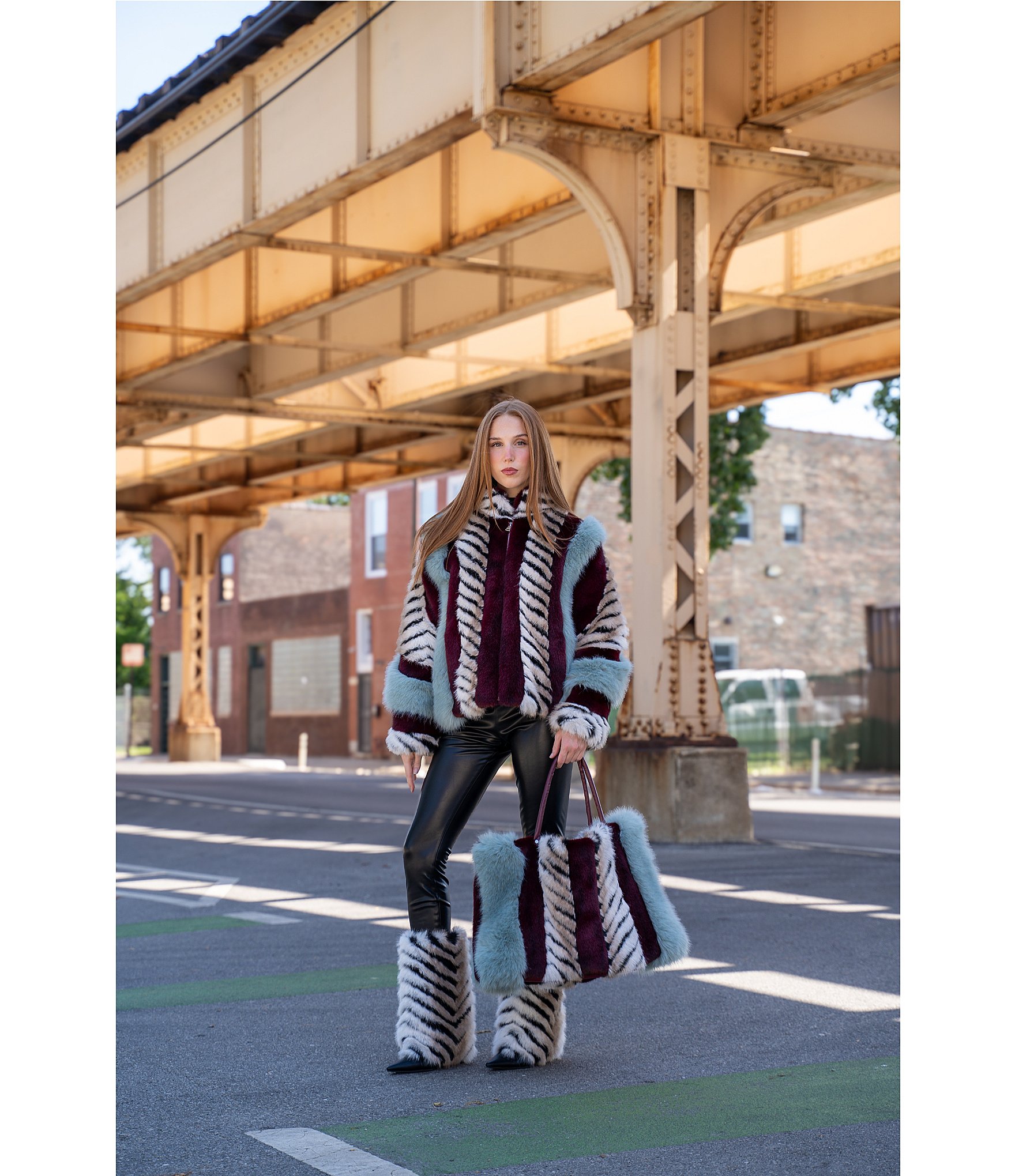 Azalea Wang Inez Faux Fur Animal Stripe Stand Collar Zip Front Jacket