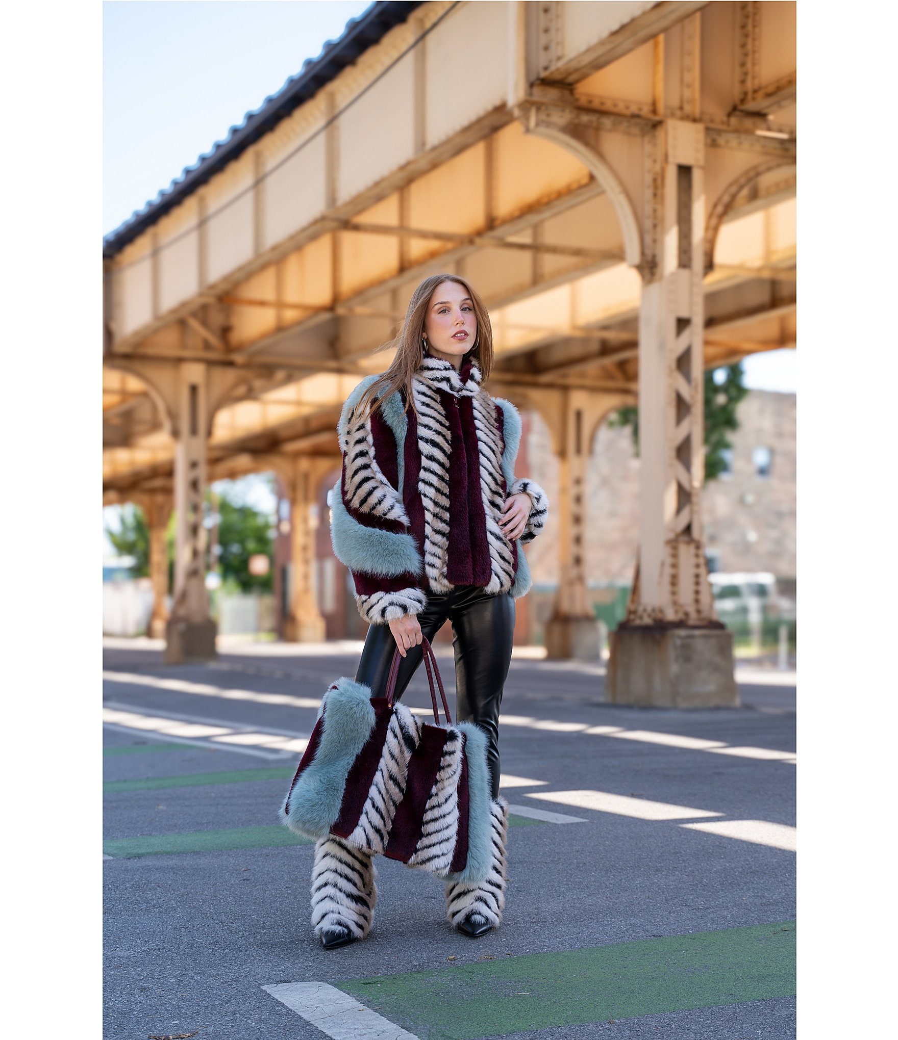 Azalea Wang Inez Faux Fur Animal Stripe Stand Collar Zip Front Jacket