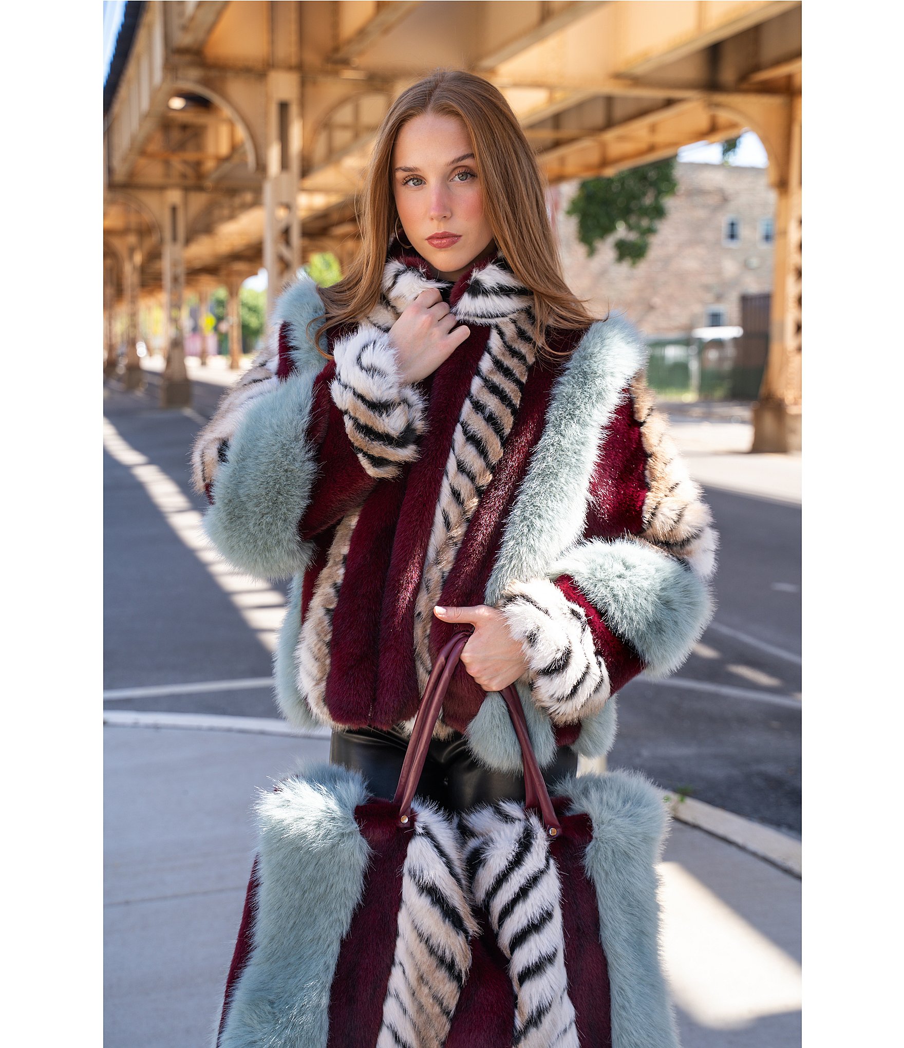 Azalea Wang Inez Faux Fur Animal Stripe Stand Collar Zip Front Jacket