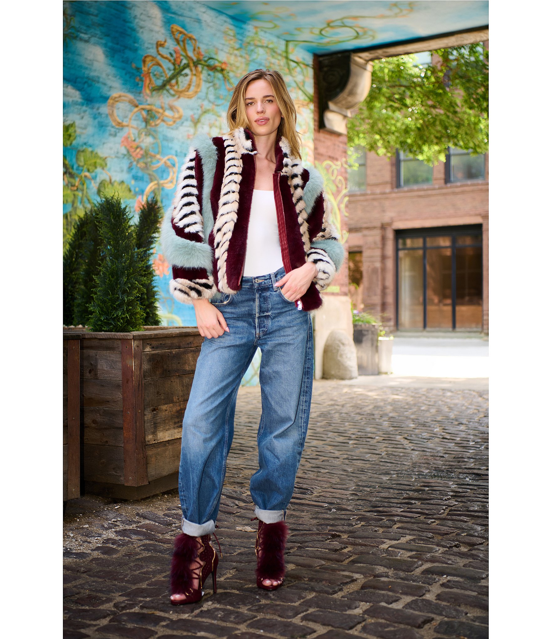 Azalea Wang Inez Faux Fur Animal Stripe Stand Collar Zip Front Jacket