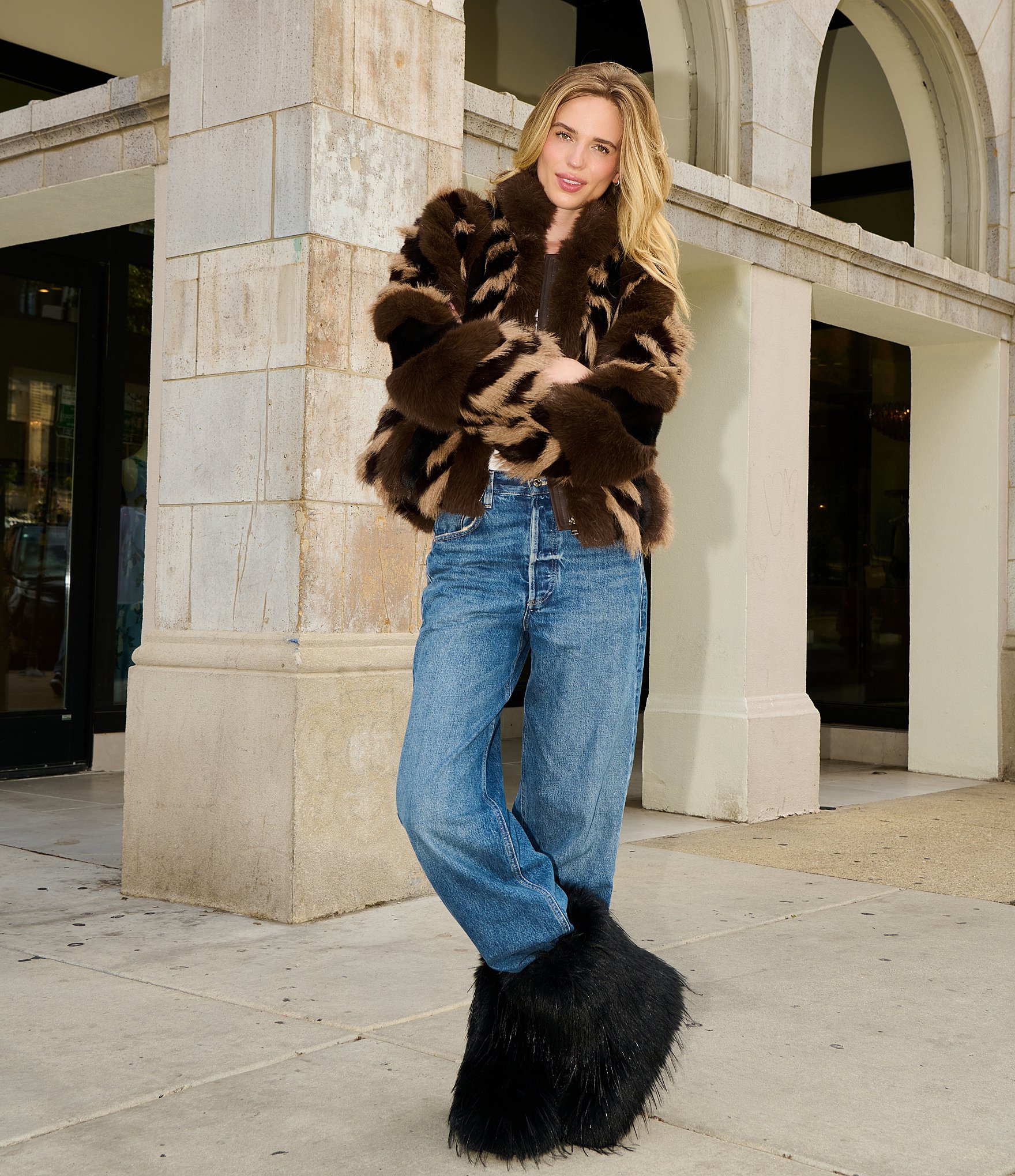 Azalea Wang Inez Faux Fur Animal Stripe Stand Collar Zip Front Jacket