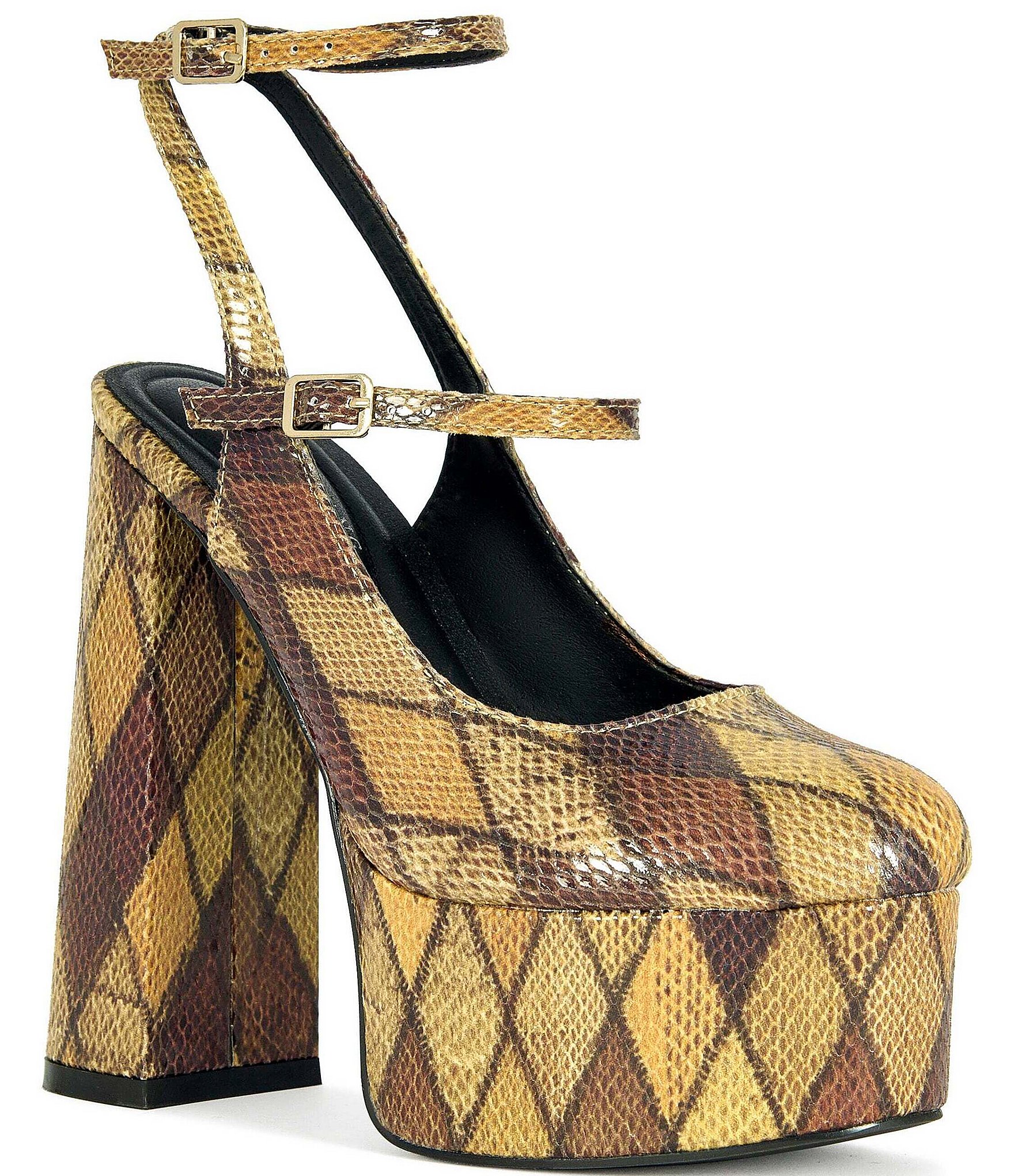 Azalea Wang Juliara Multi Snake Print Harlequin Stitch Ankle Strap Platform Pumps