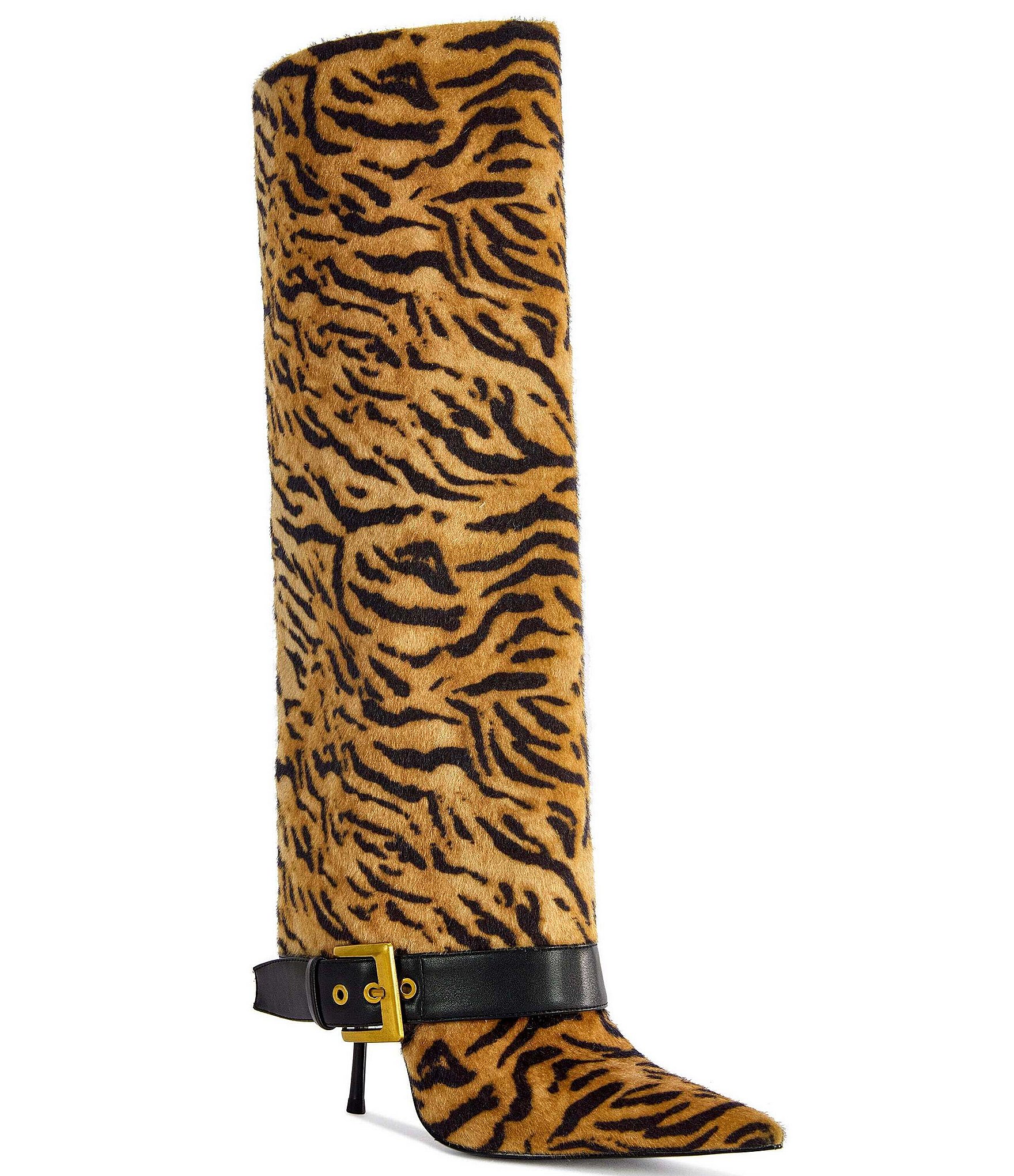 Azalea Wang Just Tiger Print Buckle Strap Pointed Toe Tall Boots