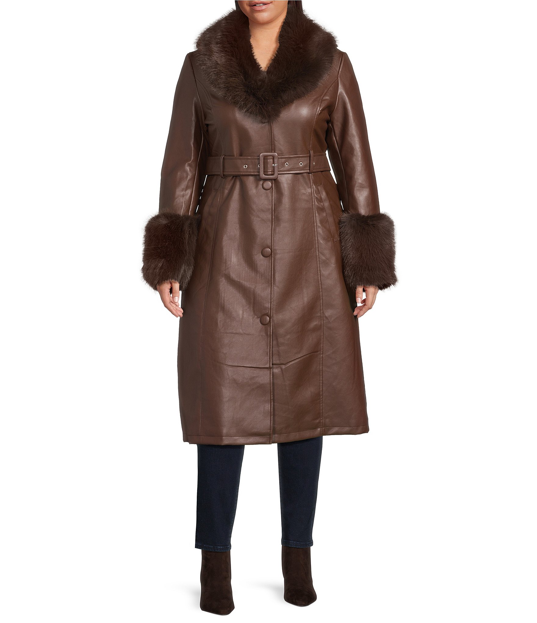 Azalea Wang Kaya Faux Leather Oversize Faux Fur Shawl Collar Belted Snap Front Trench Coat