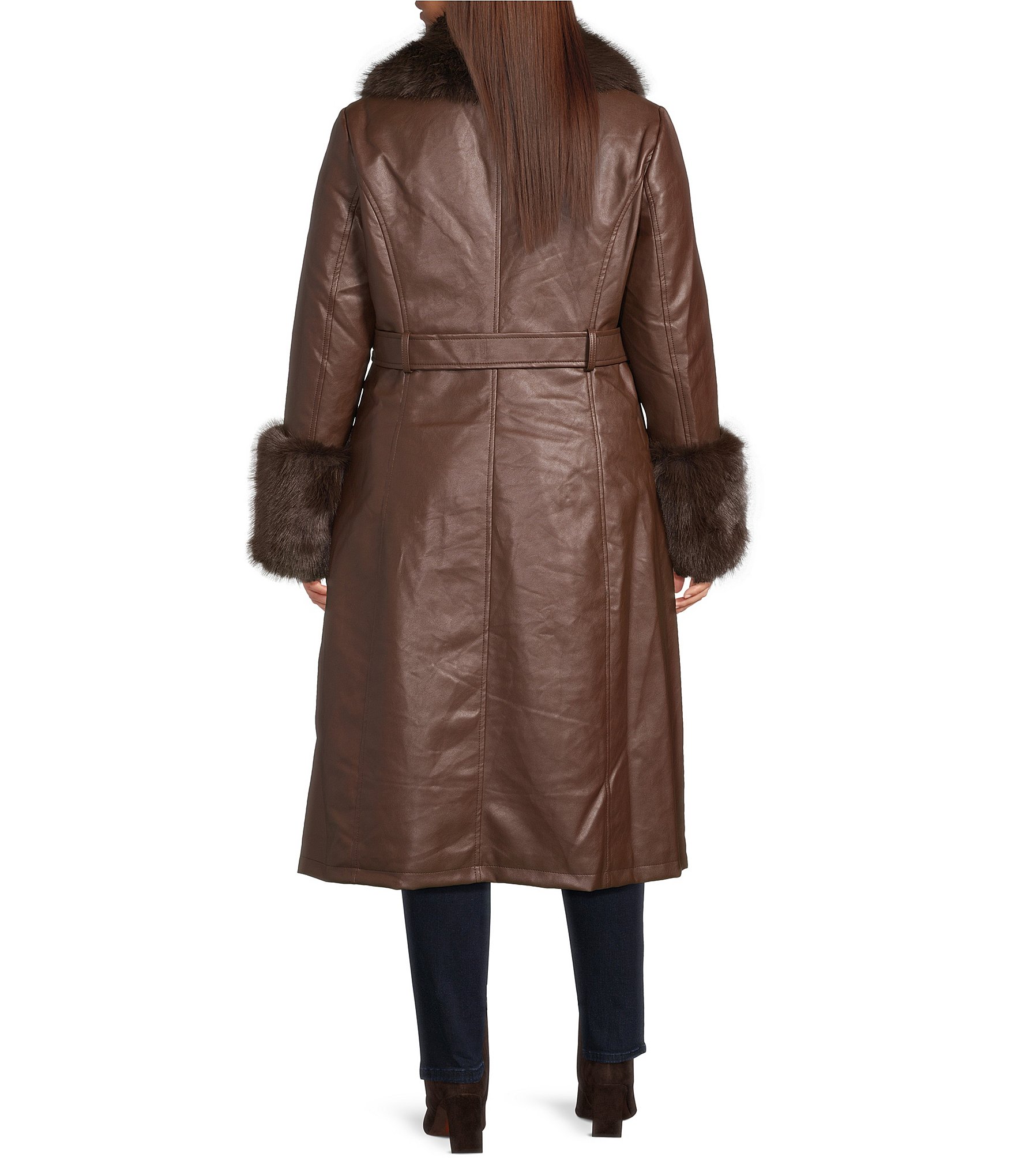 Azalea Wang Kaya Faux Leather Oversize Faux Fur Shawl Collar Belted Snap Front Trench Coat