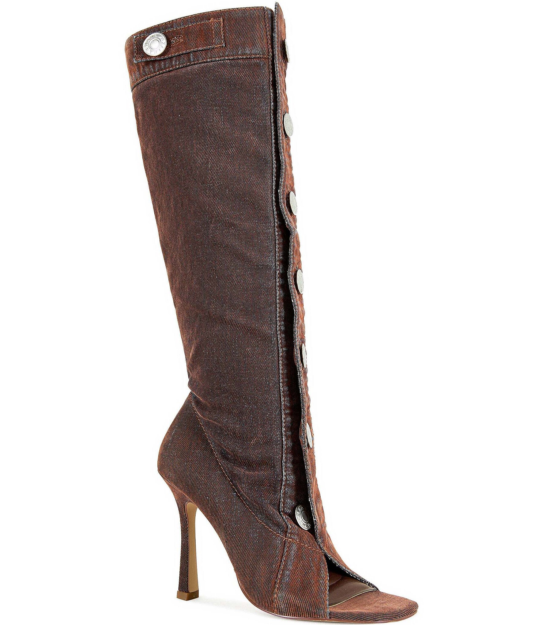 Azalea Wang Kazuki Button Hardware Peep Toe Stiletto Tall Boots