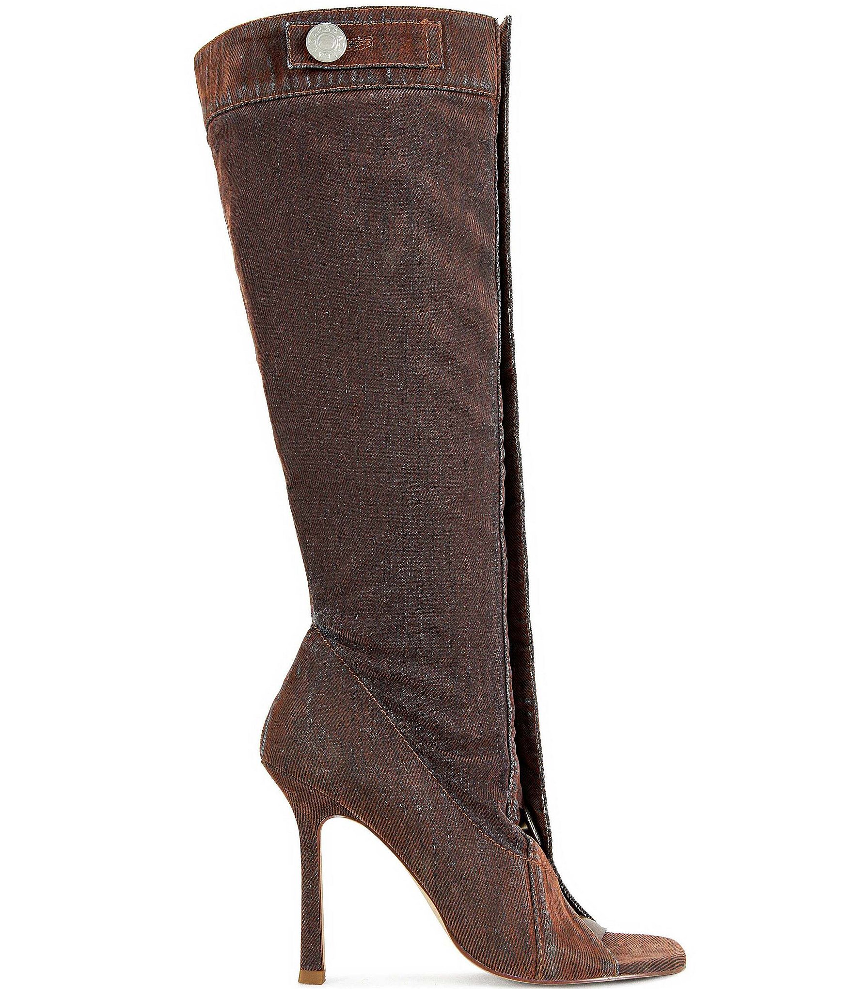 Azalea Wang Kazuki Button Hardware Peep Toe Stiletto Tall Boots