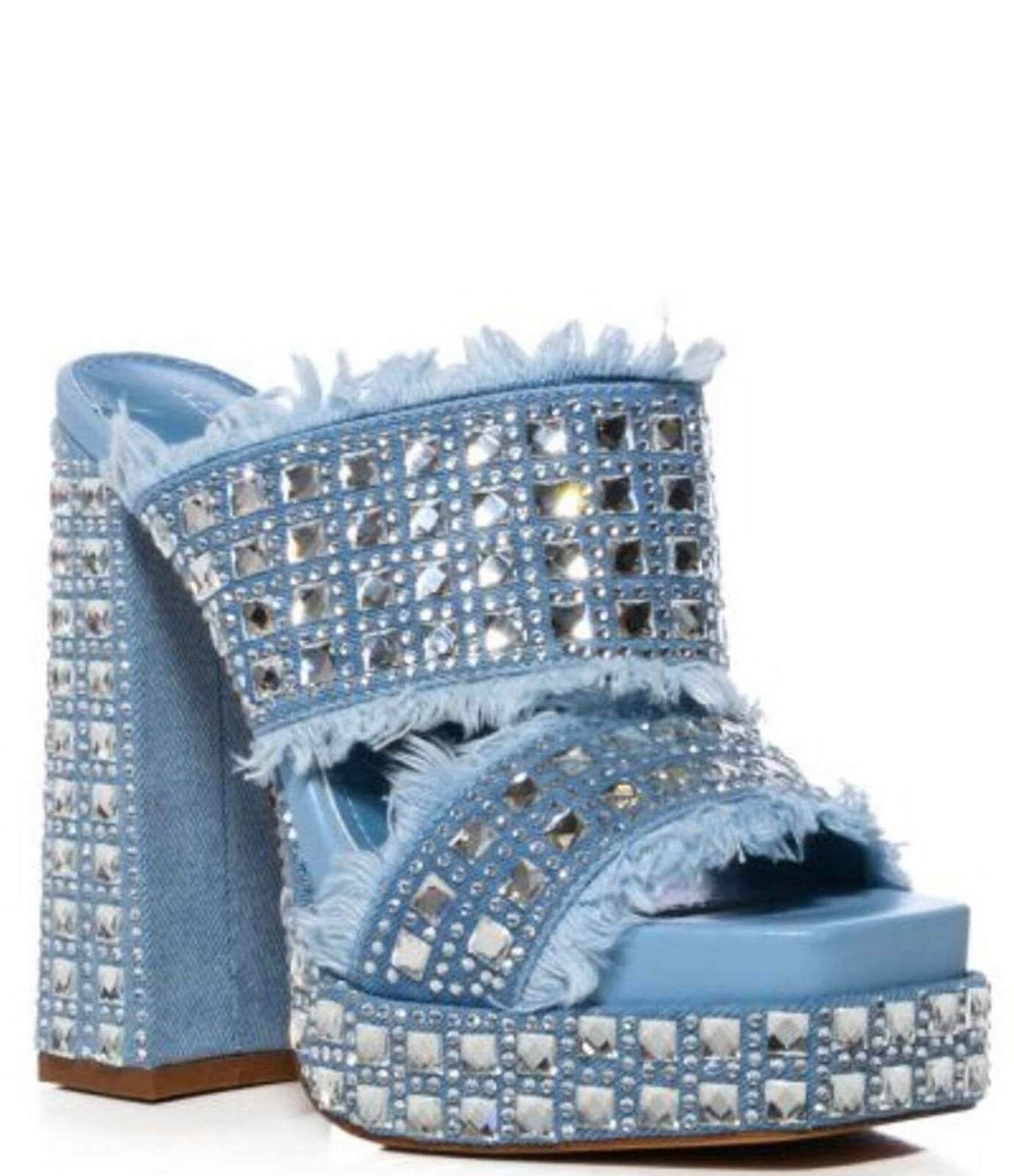 Azalea Wang Kohana Frayed Denim Studded Platform Block Heel Sandals |  Dillard's