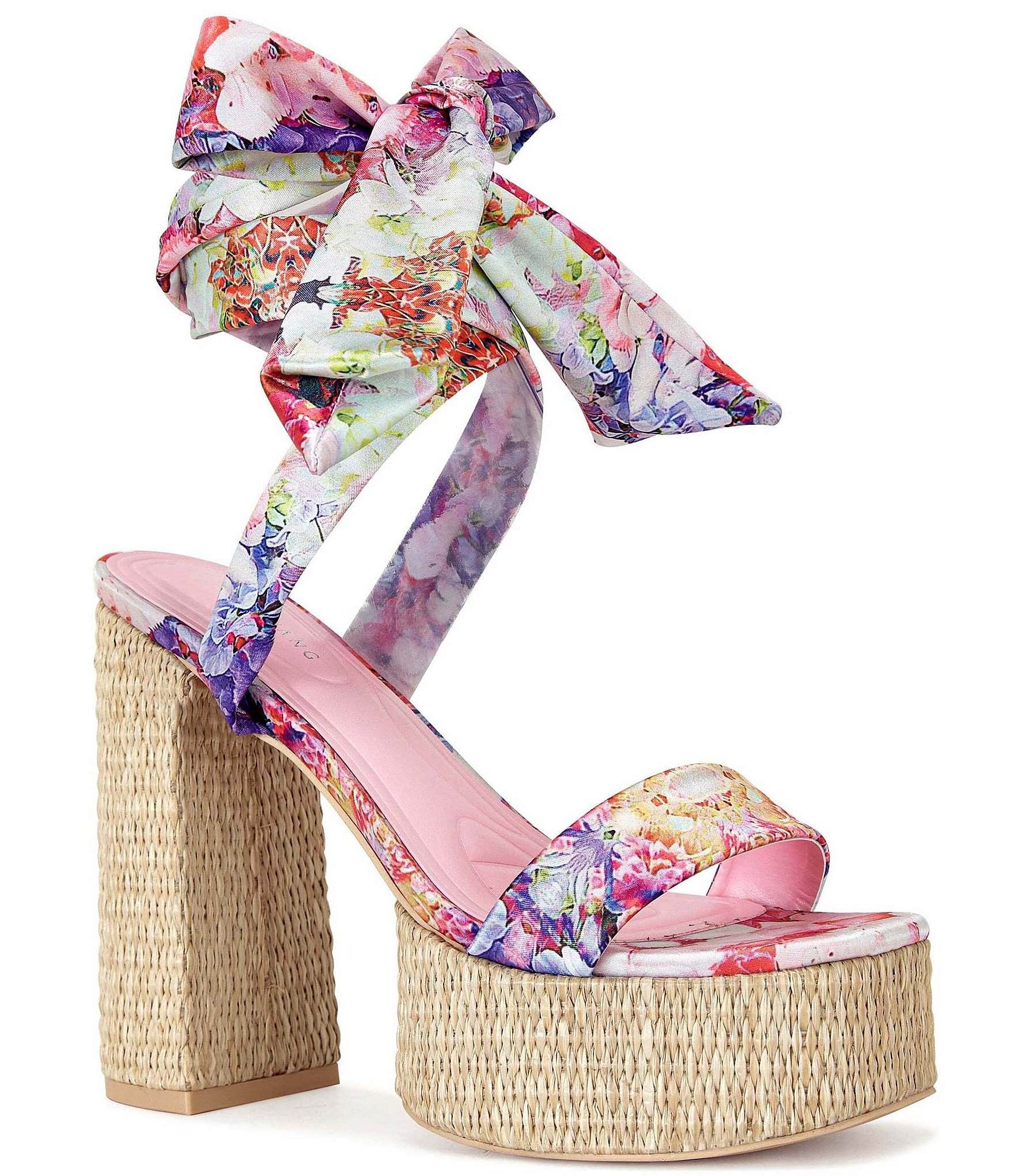 Azalea Wang Lazuli Satin Watercolor Print Ankle Tie Platform