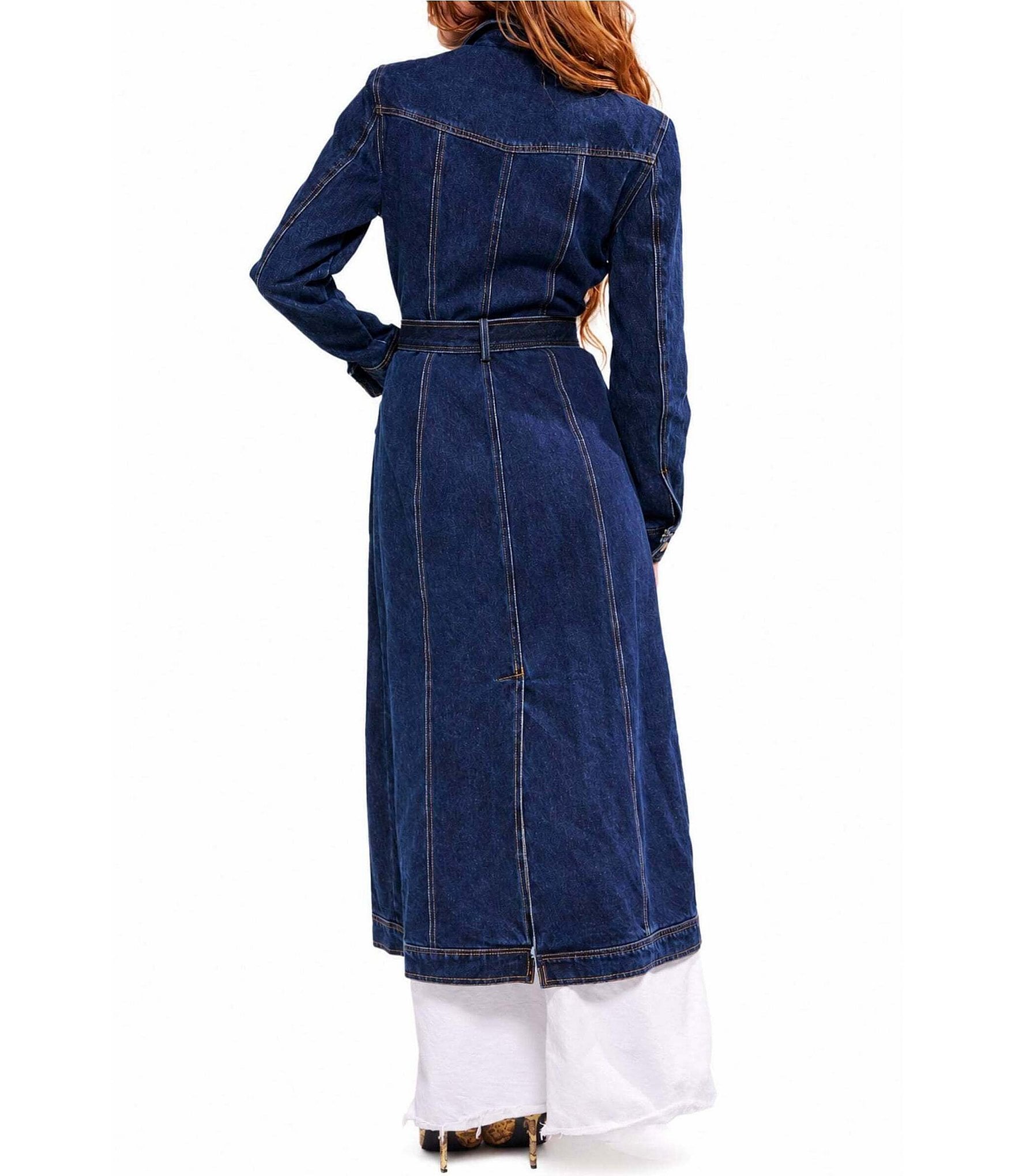 Azalea Wang Lucienne-Denim Point Collar Belted Button Front Trench Coat