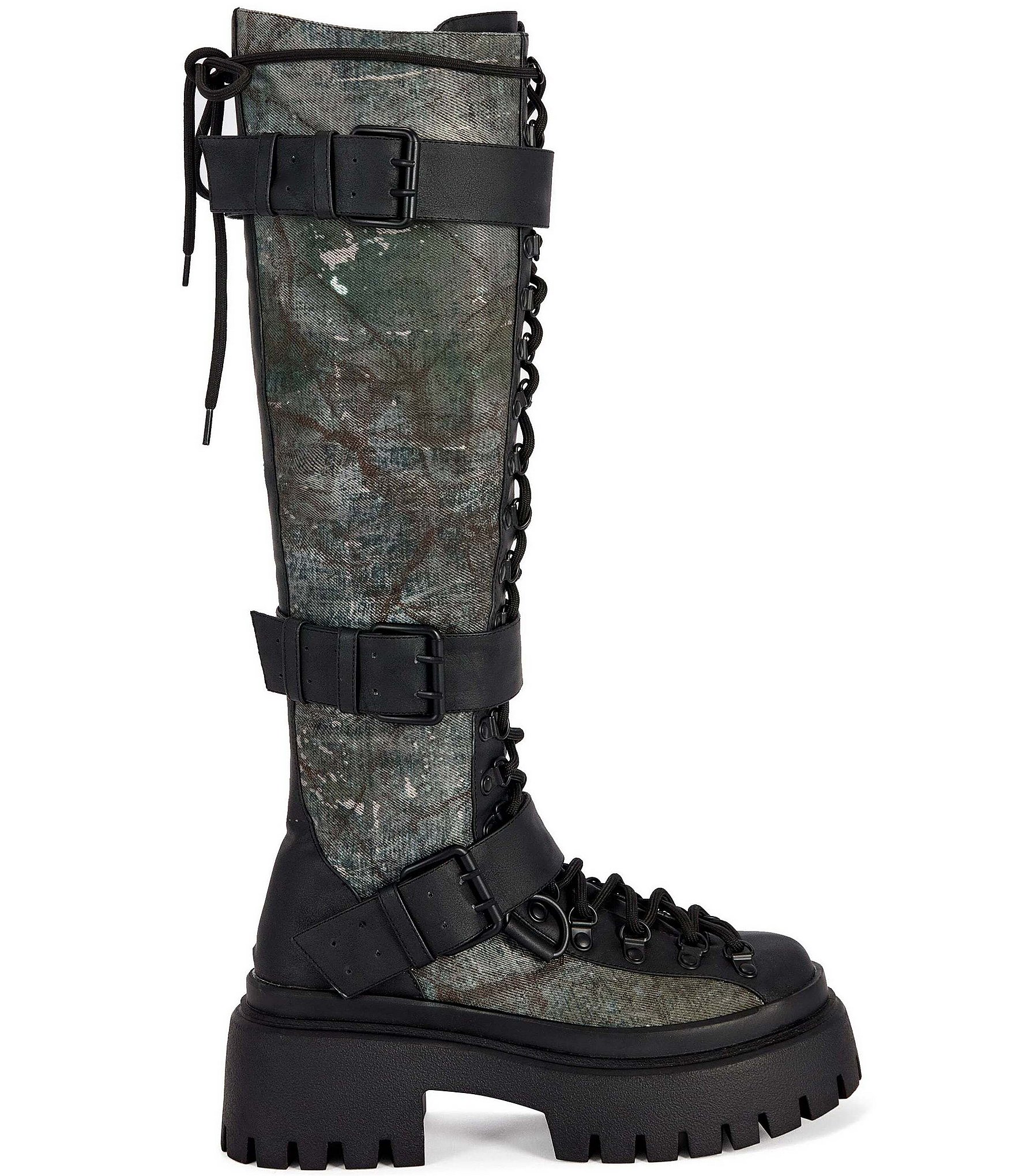 Azalea Wang Lyra Camouflage Buckle Strap Tall Platform Combat Boots