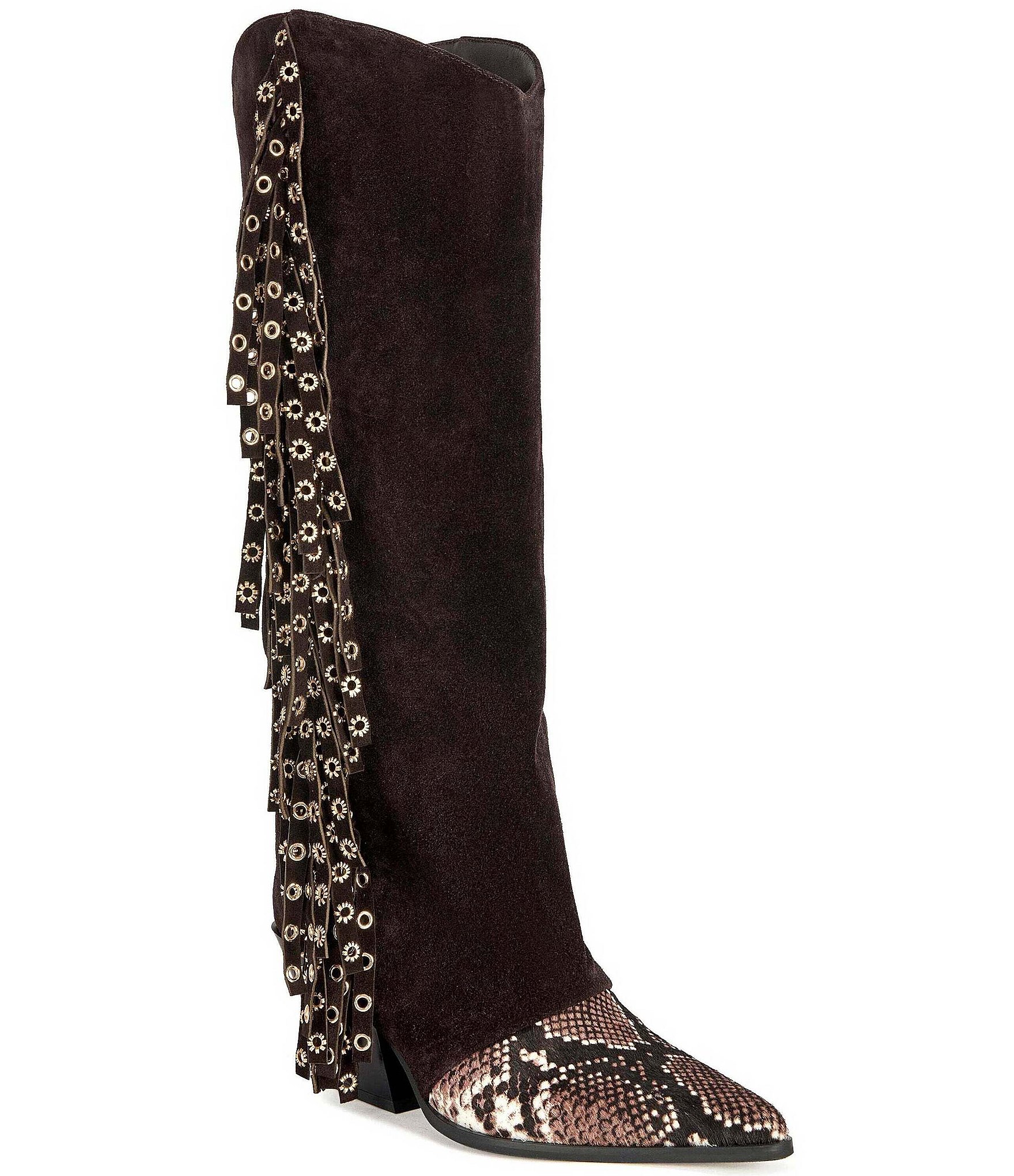 Azalea Wang McBride Suede Snake Print Grommet Fringe Western Tall Boots