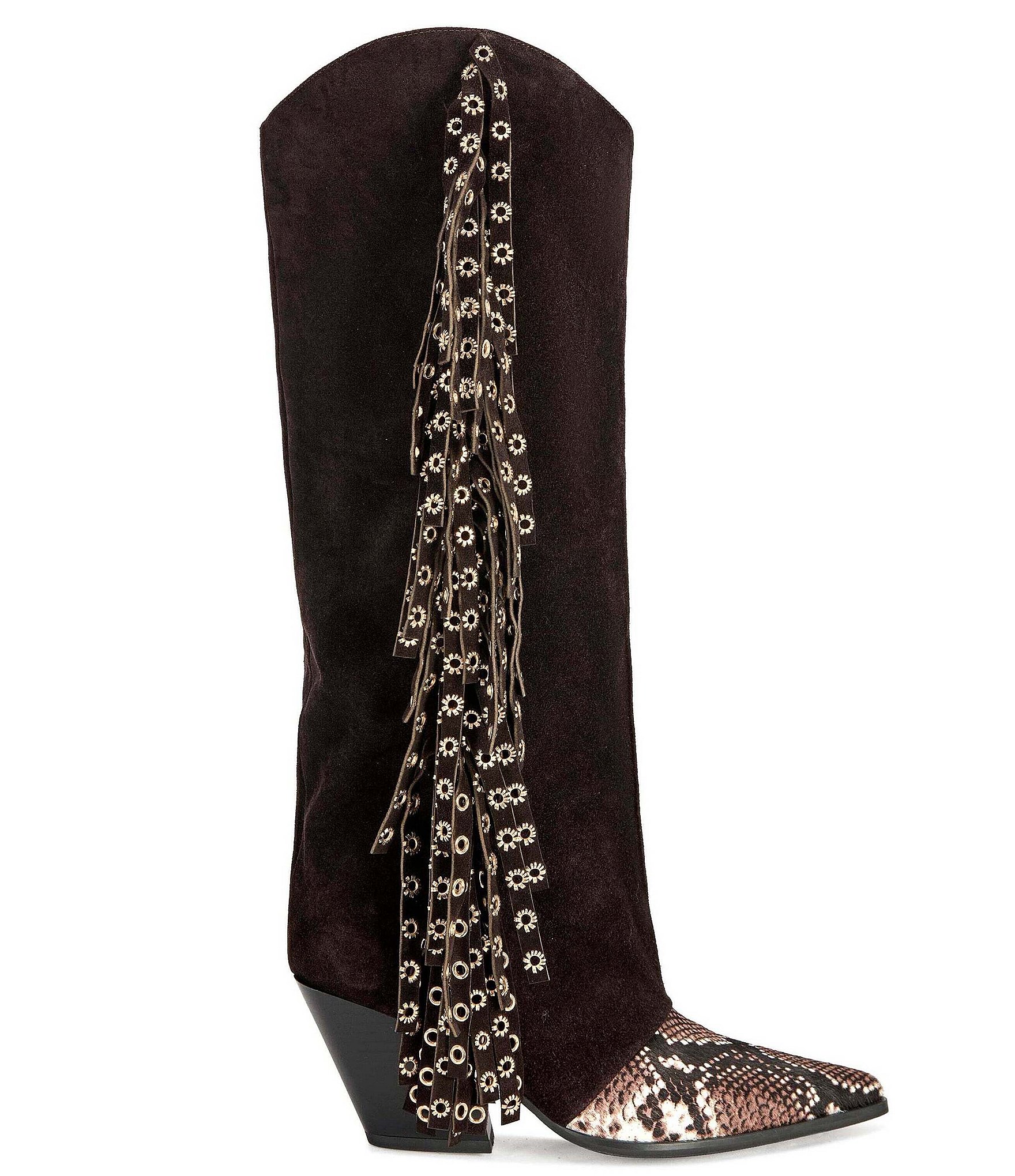 Azalea Wang McBride Suede Snake Print Grommet Fringe Western Tall Boots