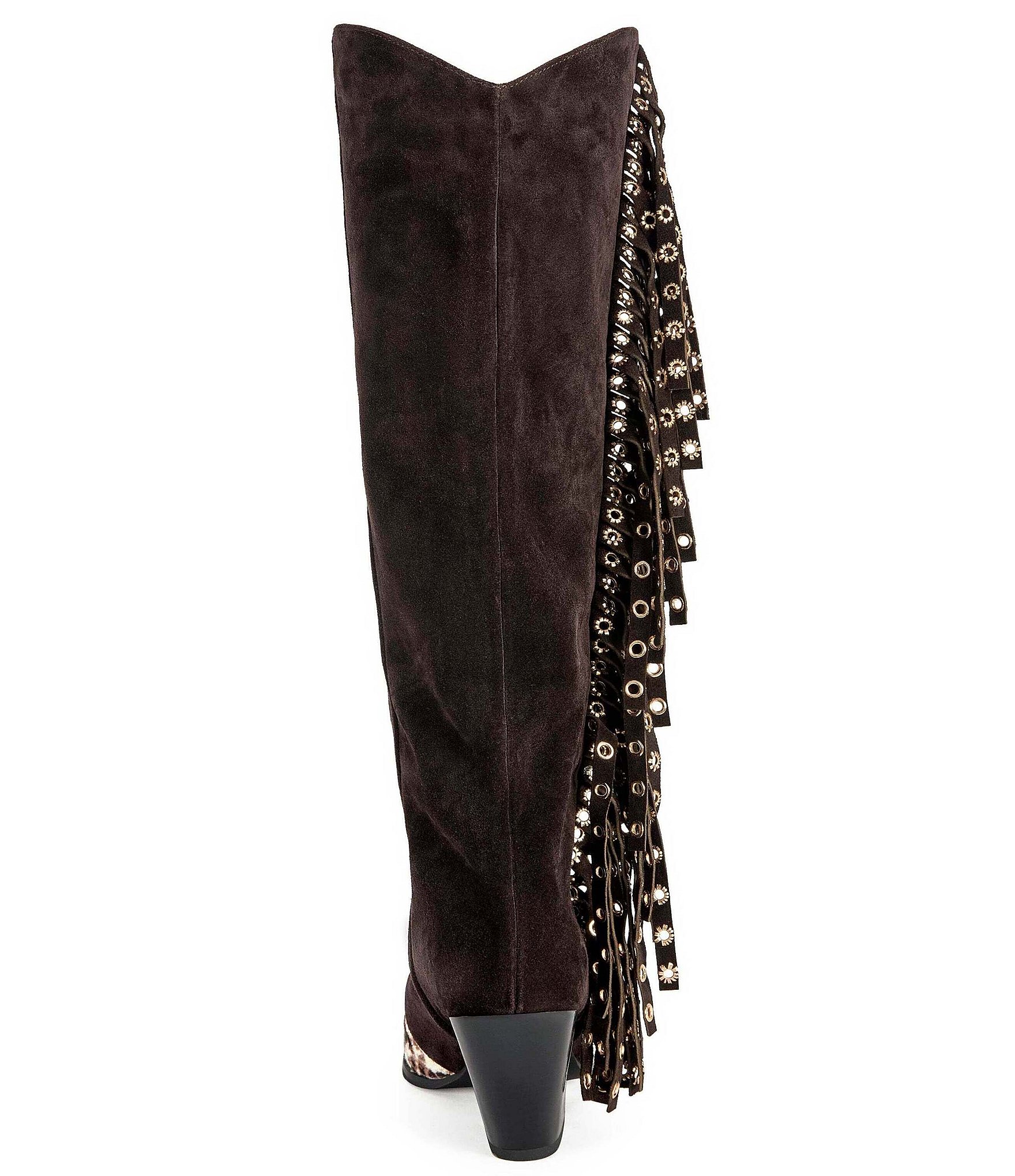 Azalea Wang McBride Suede Snake Print Grommet Fringe Western Tall Boots