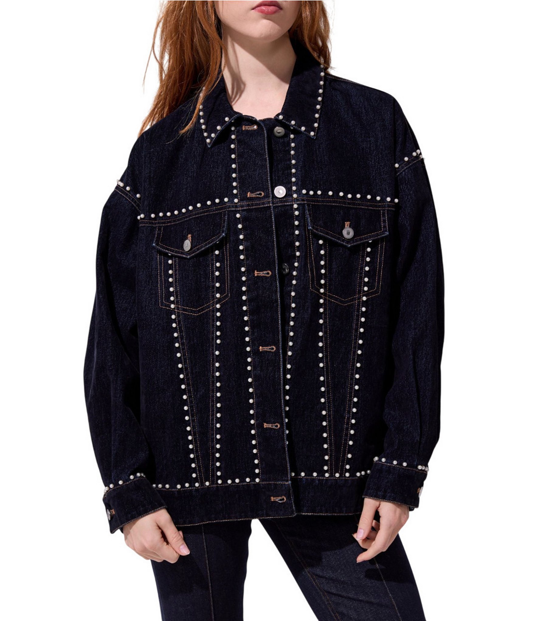 Azalea Wang Micah Studded Point Collar Denim Oversized Jacket