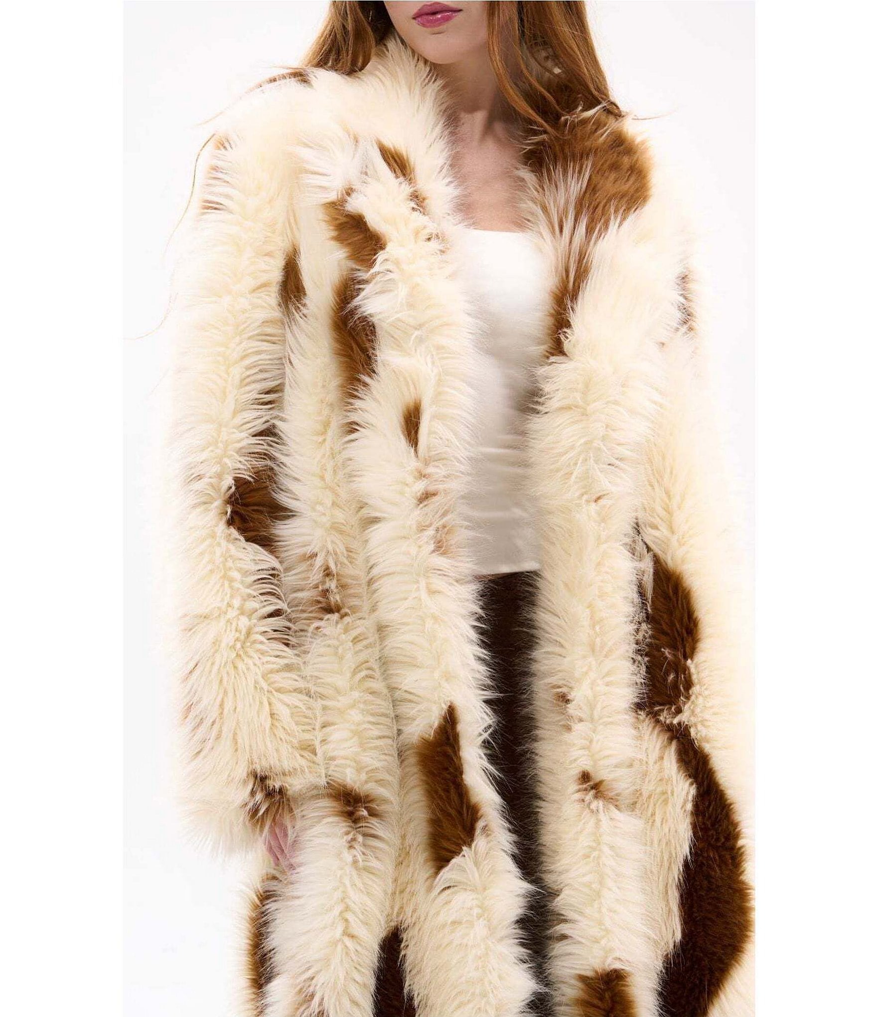 Azalea Wang Miles Abstract Pattern Faux Fur Notch Lapel Front Hook Maxi Jacket